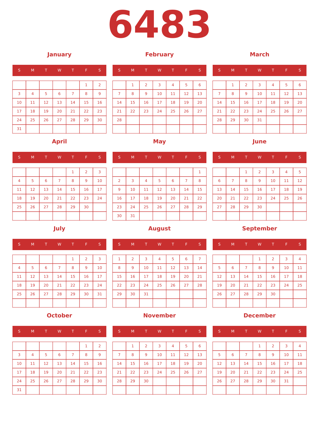 Printable 6483 Year Calendars red