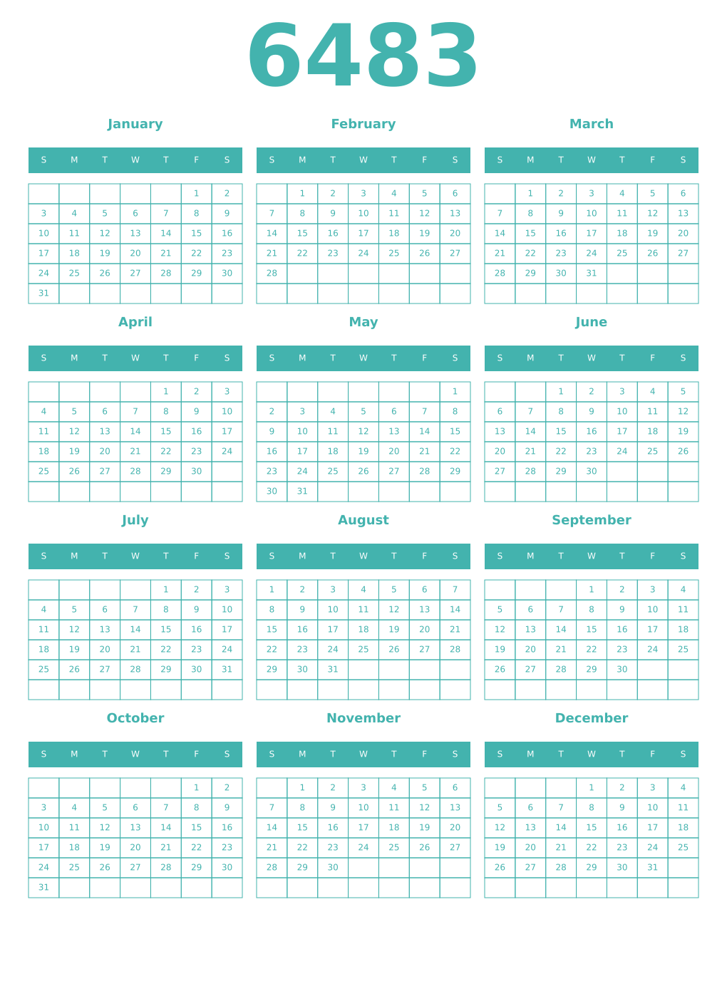 Printable 6483 Year Calendars verdigris