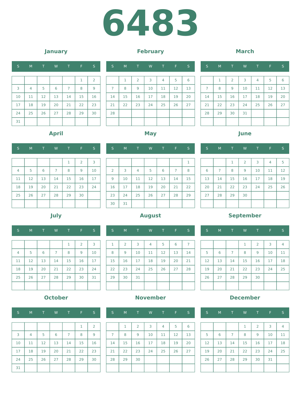 Printable 6483 Year Calendars viridian