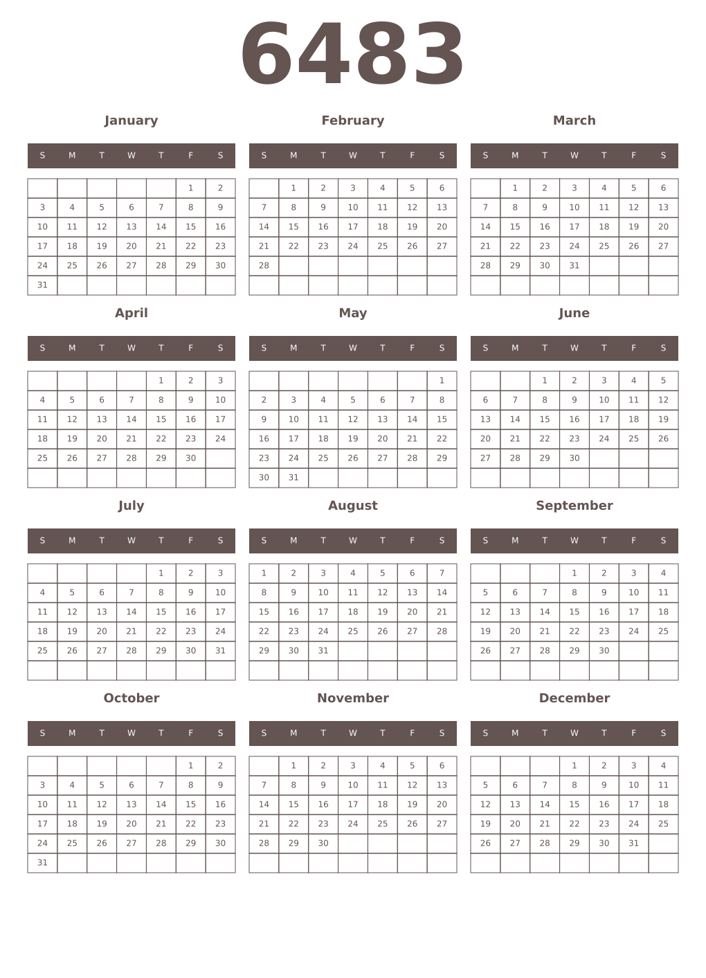 Printable 6483 Year Calendars wenge