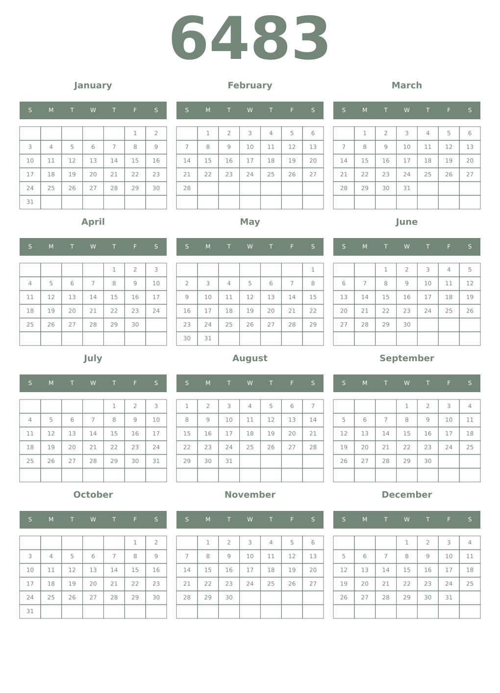 Printable 6483 Year Calendars xanadu