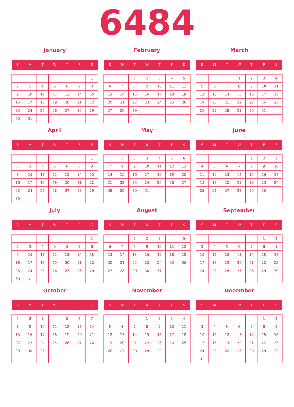 Printable 6484 Year Calendars amaranth