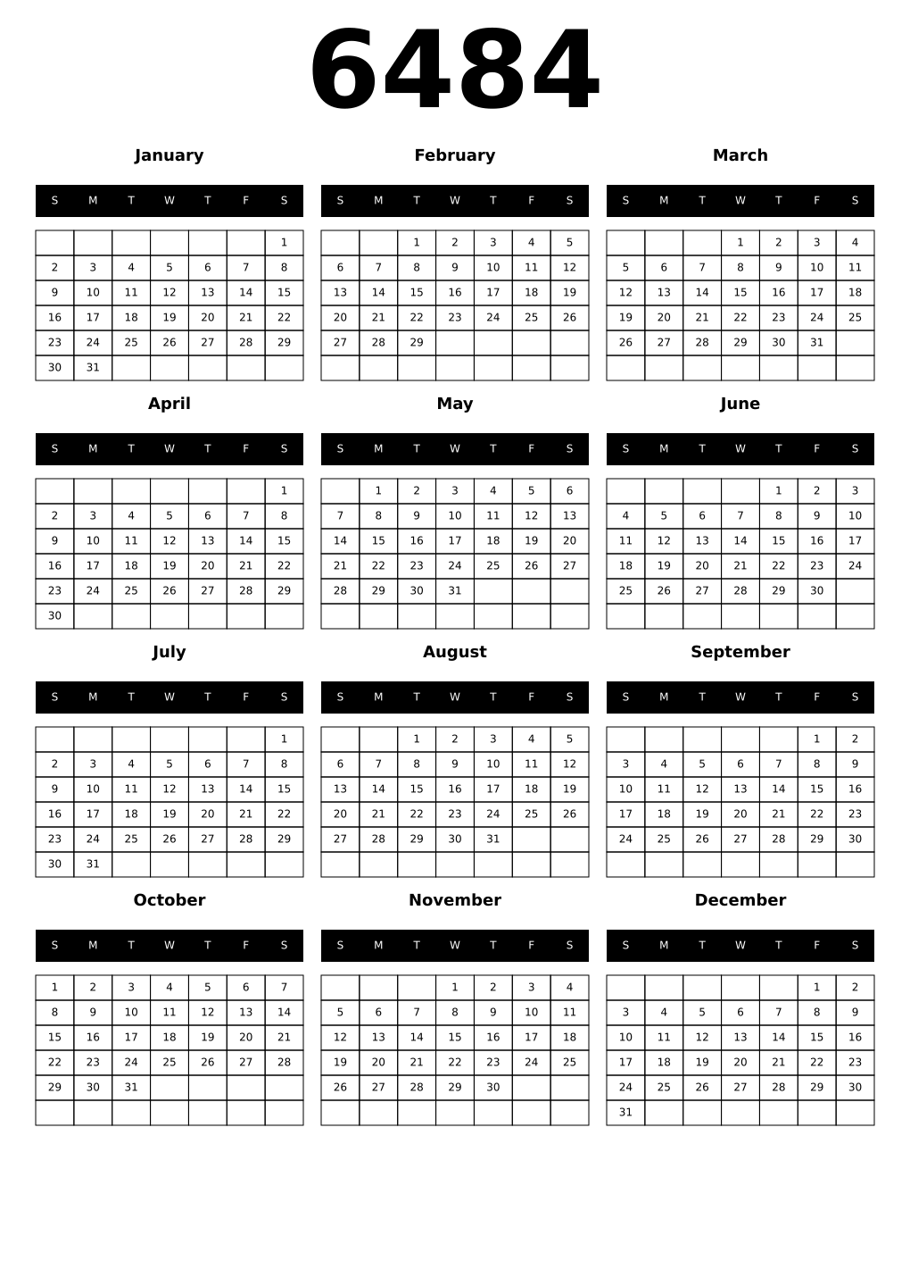 Printable 6484 Year Calendars black
