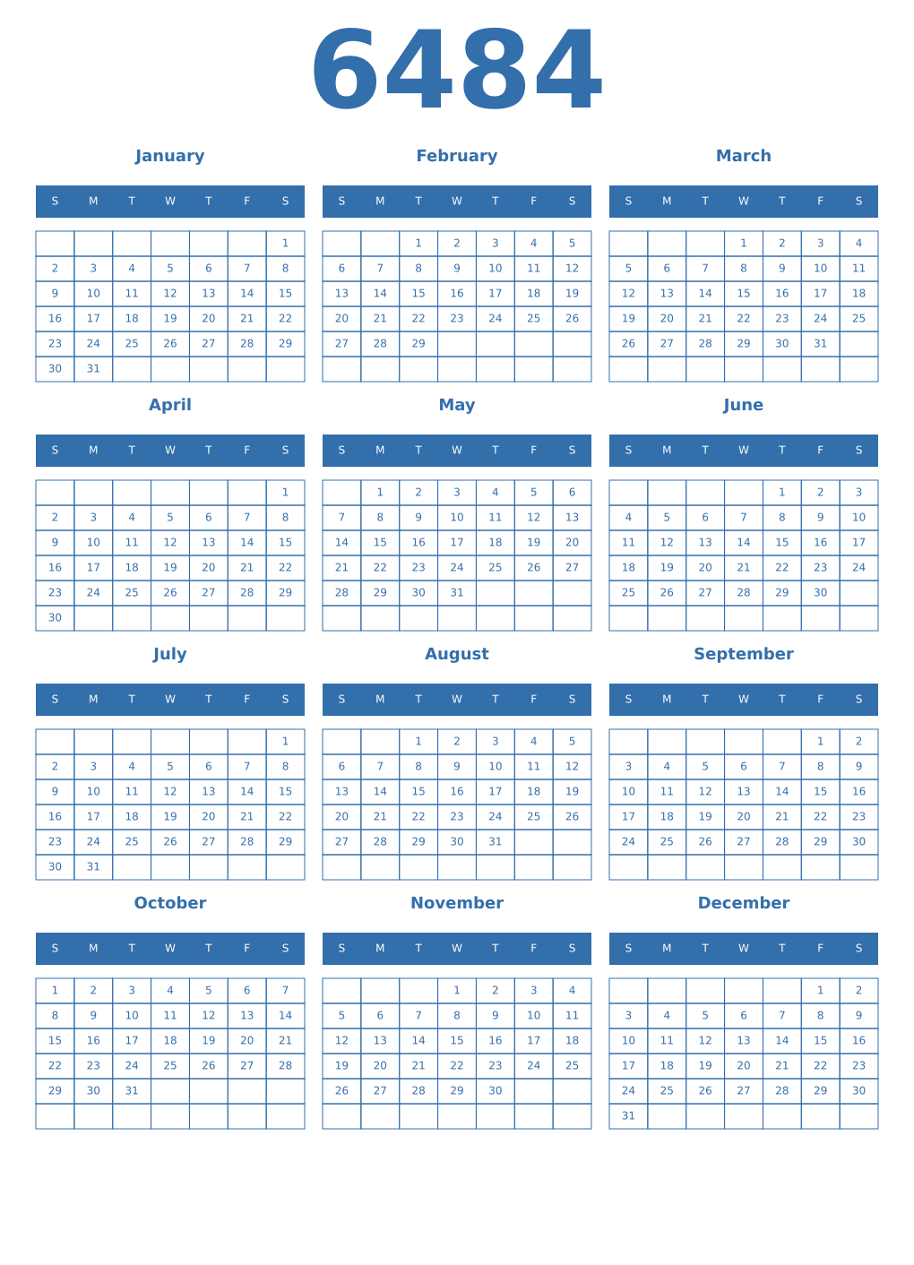 Printable 6484 Year Calendars blue