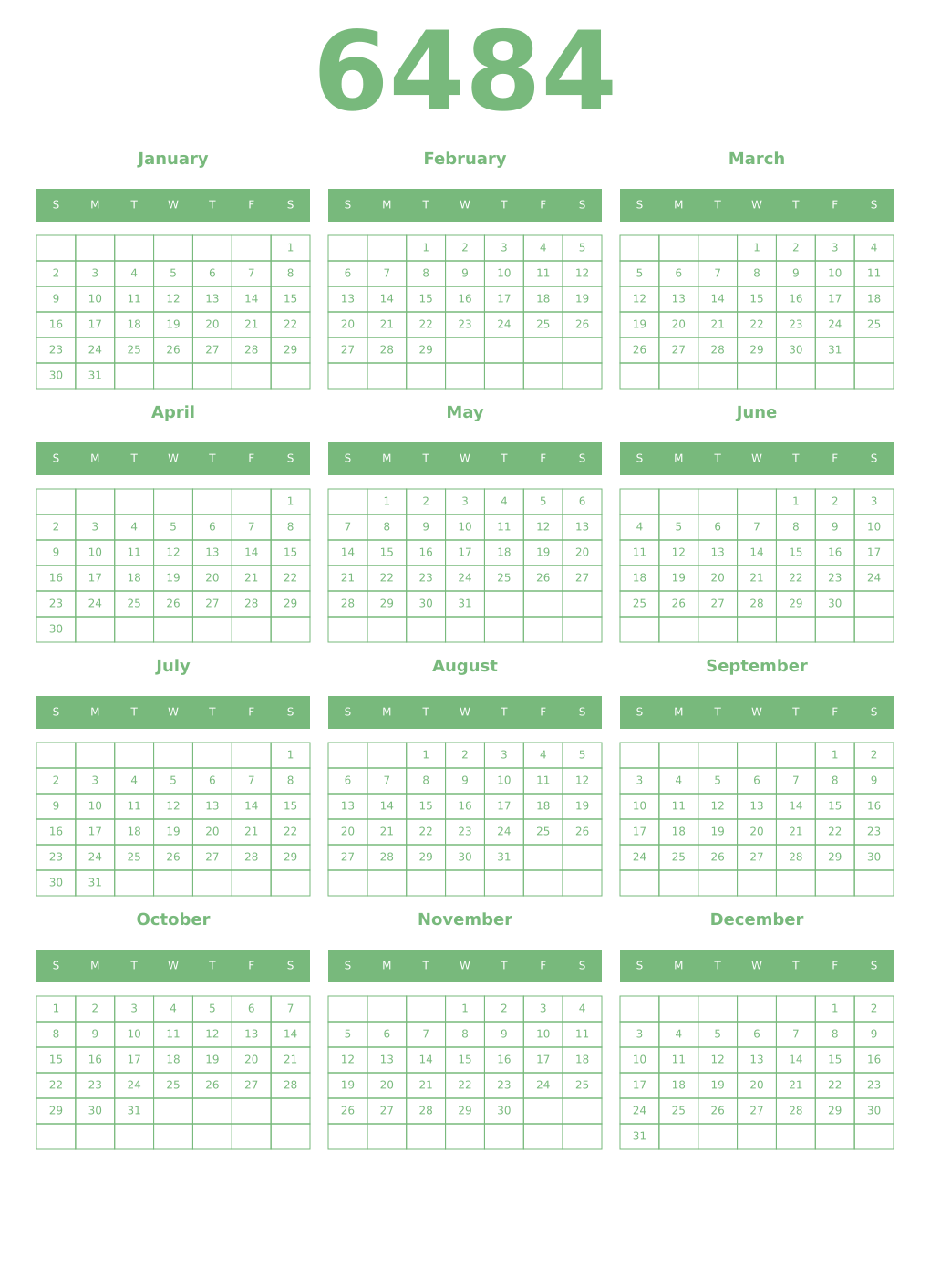 Printable 6484 Year Calendars celadon