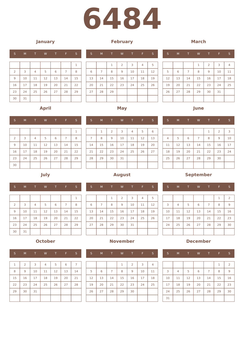 Printable 6484 Year Calendars coffe