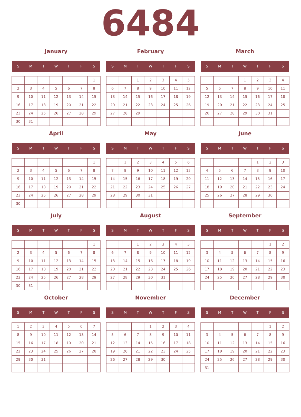 Printable 6484 Year Calendars cordovan