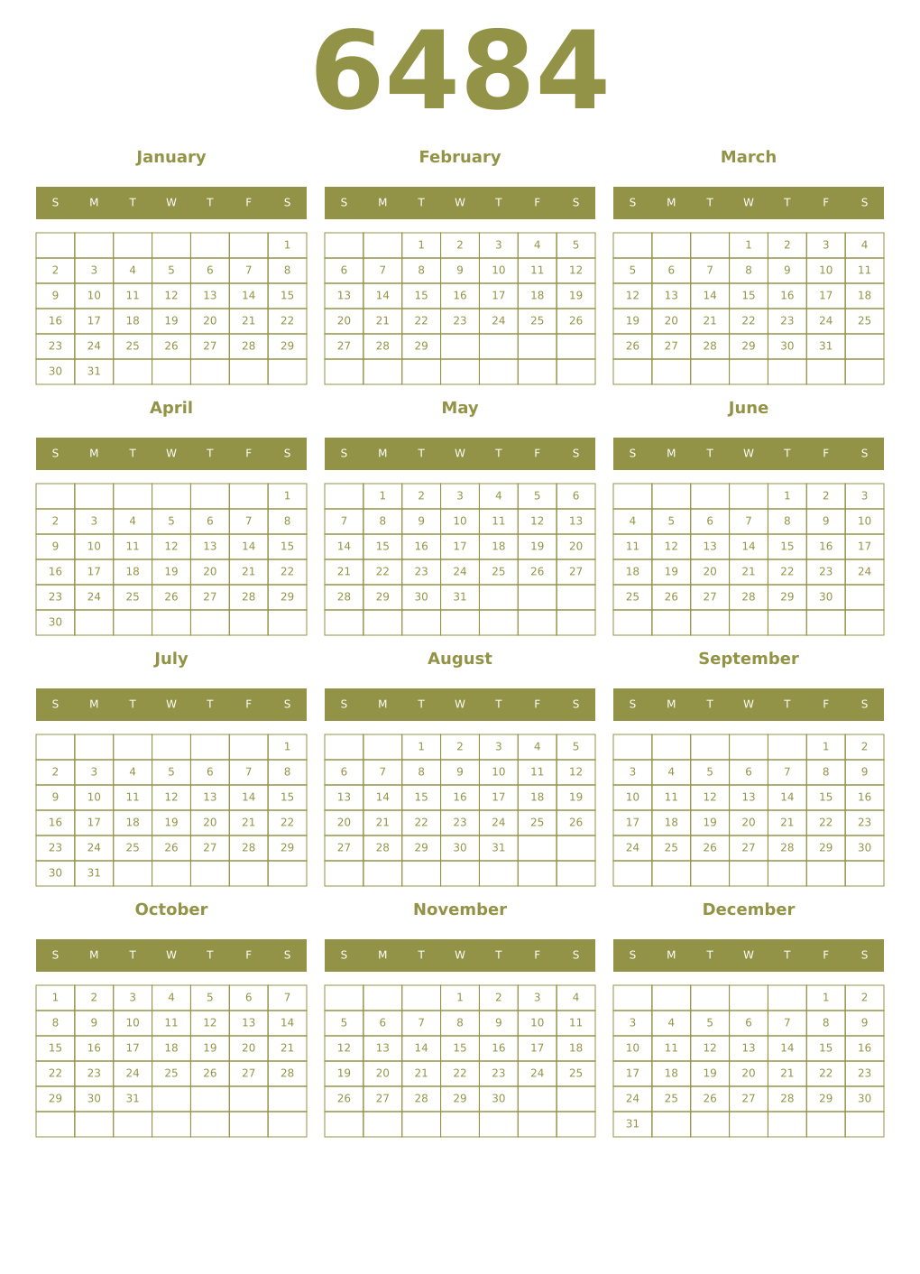 Printable 6484 Year Calendars eburnean