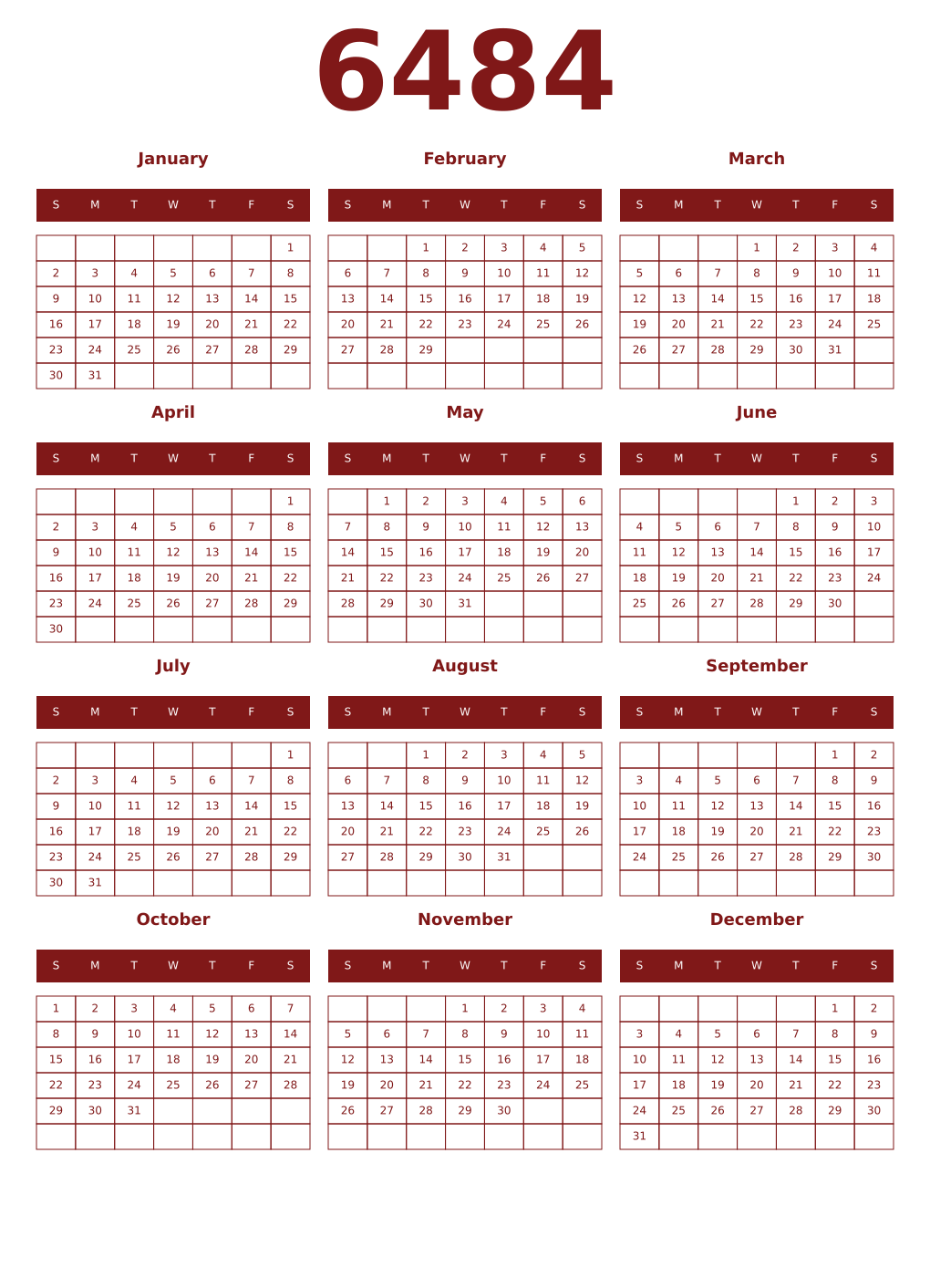 Printable 6484 Year Calendars falu