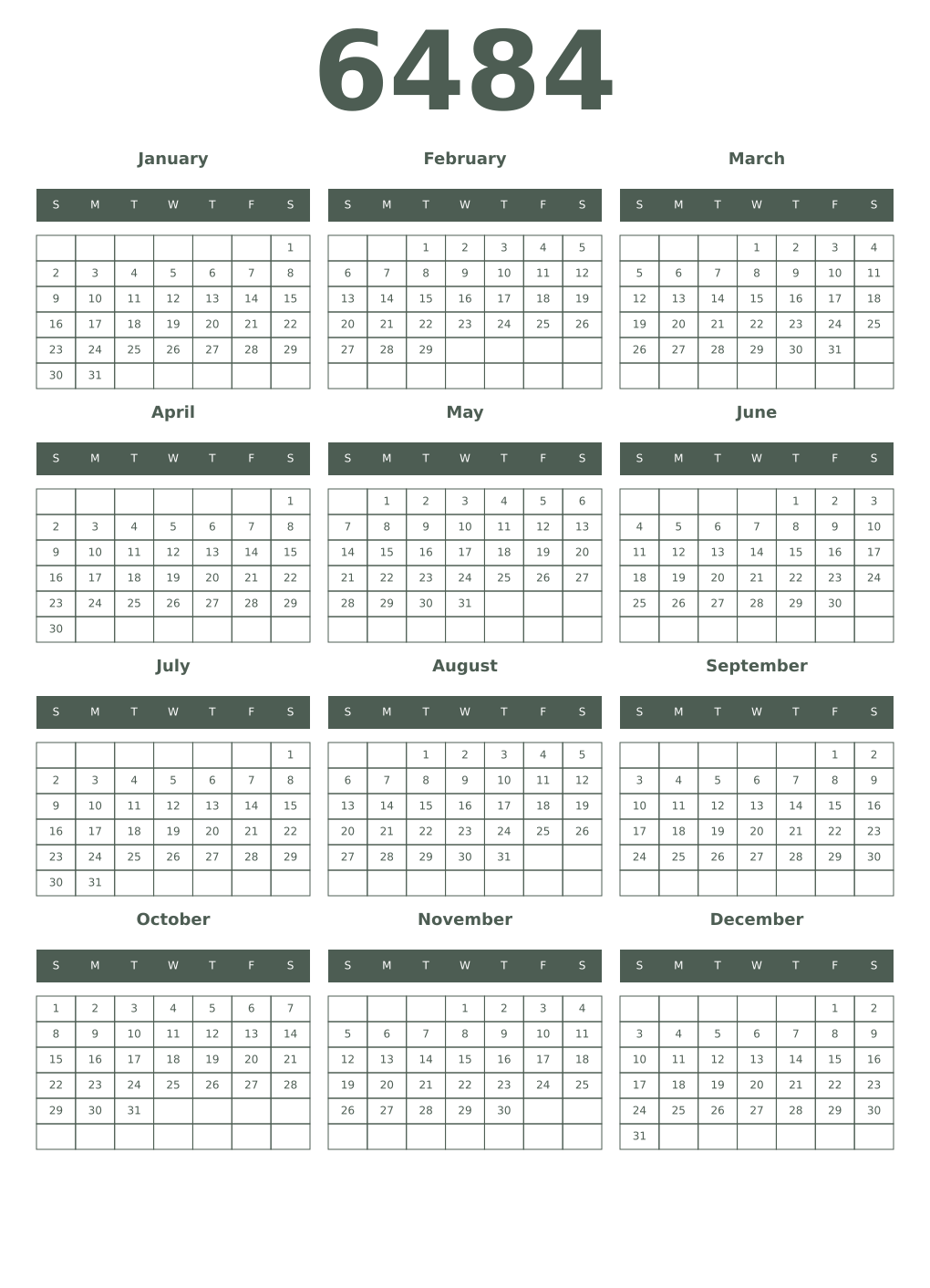 Printable 6484 Year Calendars feldgrau