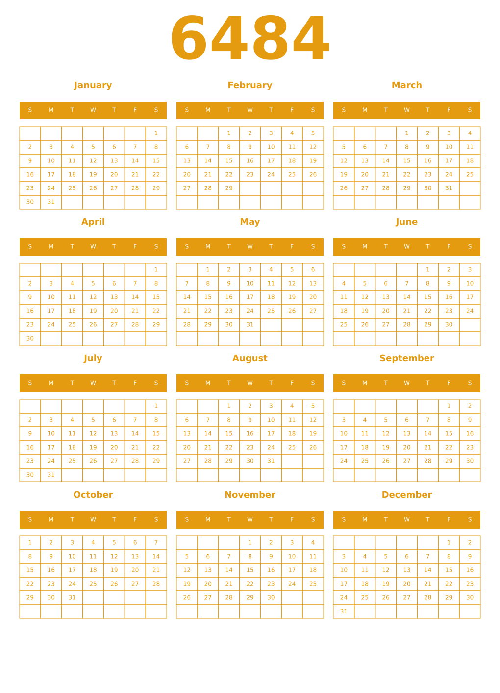 Printable 6484 Year Calendars gamboge