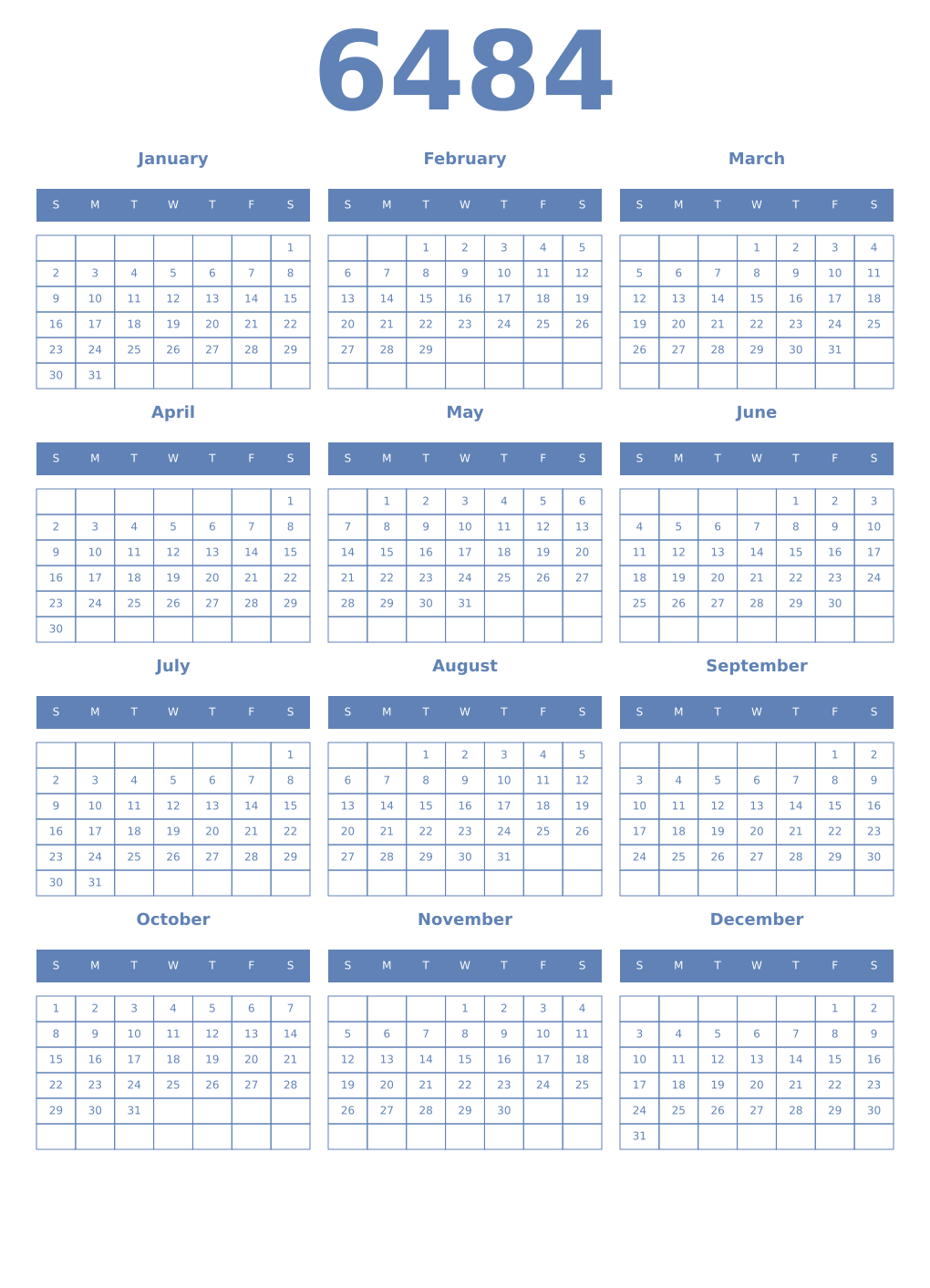 Printable 6484 Year Calendars glaucous