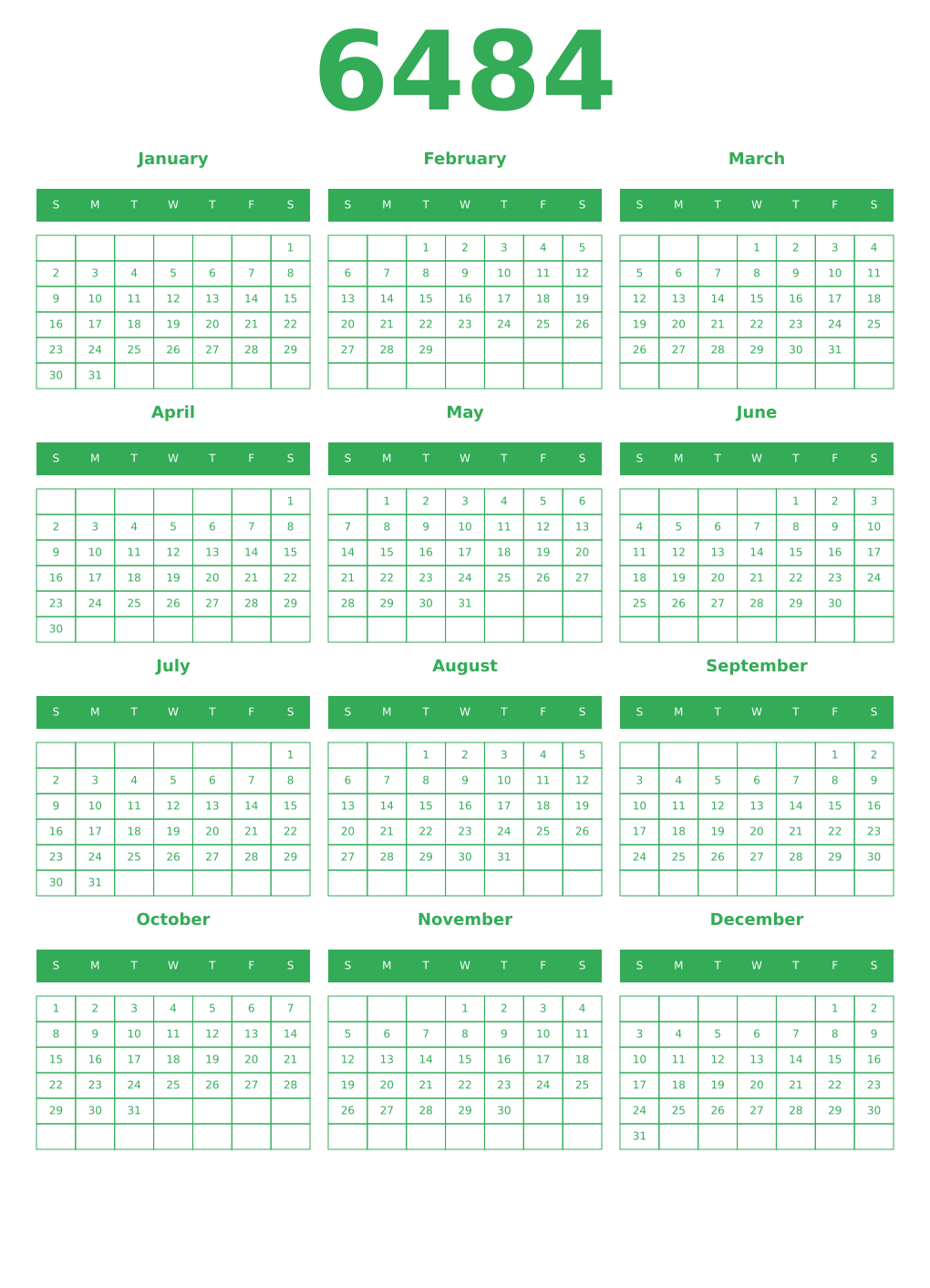 Printable 6484 Year Calendars green