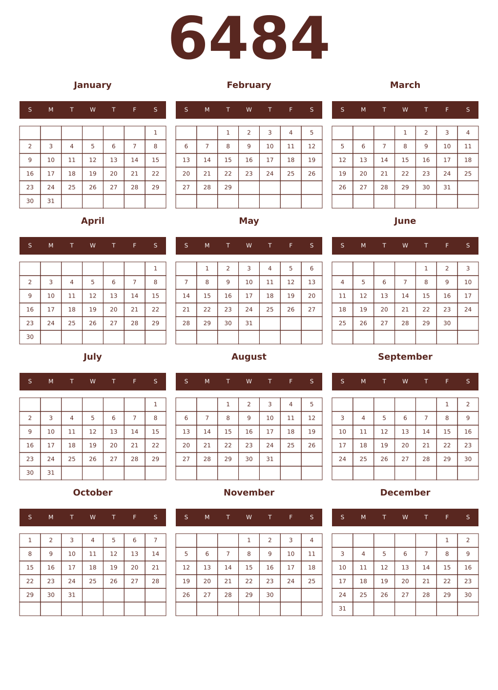 Printable 6484 Year Calendars mortuum
