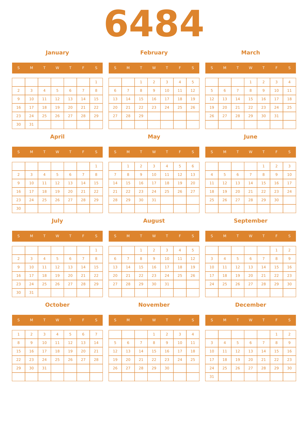 Printable 6484 Year Calendars orange