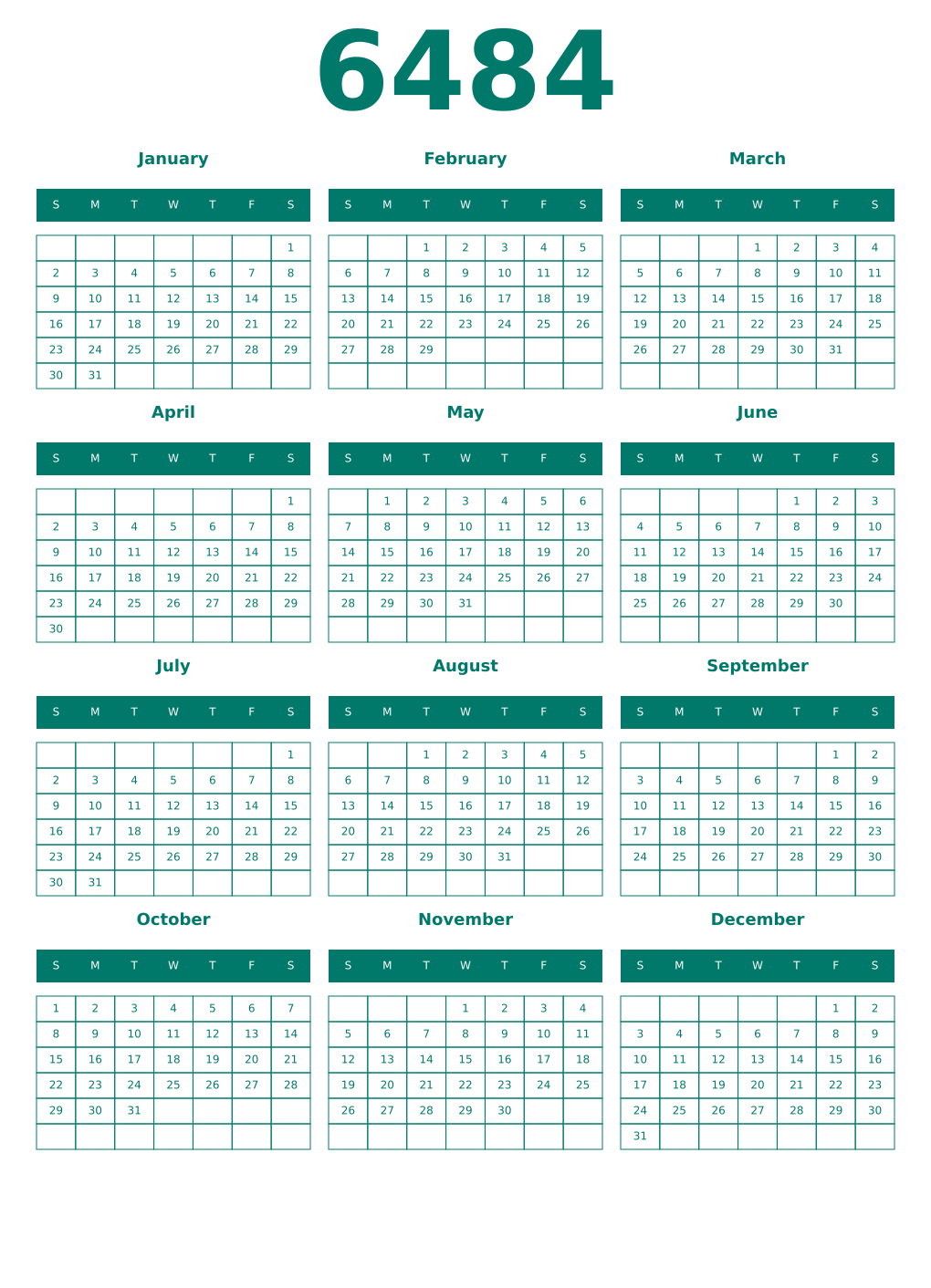 Printable 6484 Year Calendars pastel