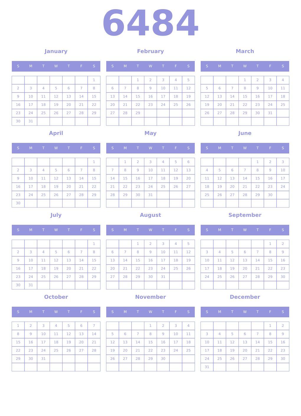 Printable 6484 Year Calendars periwinkle