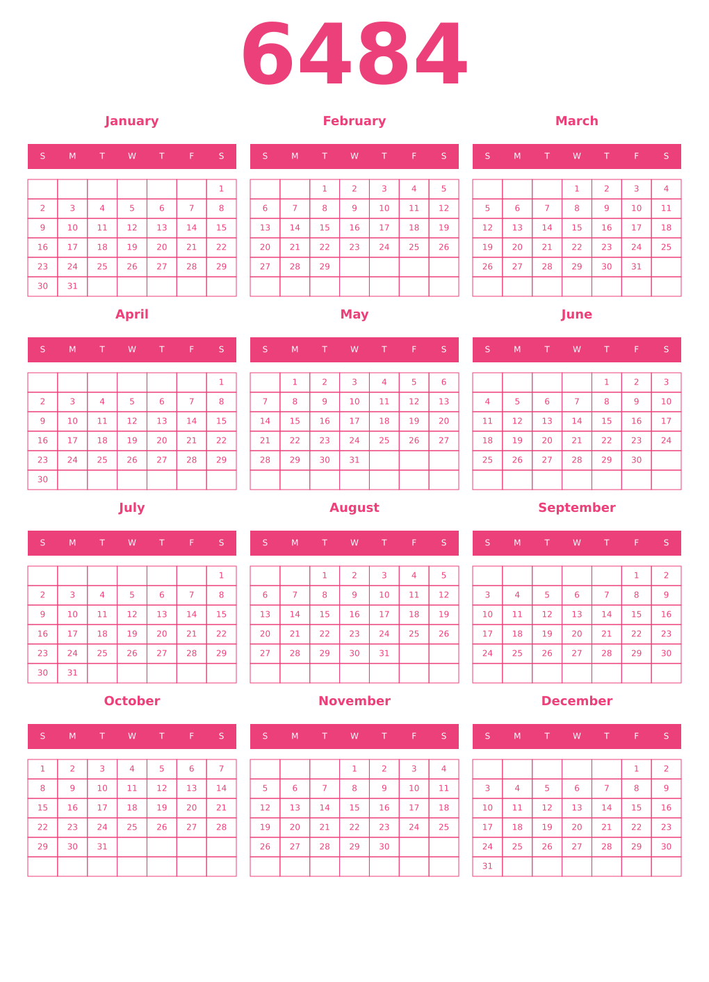 Printable 6484 Year Calendars pink