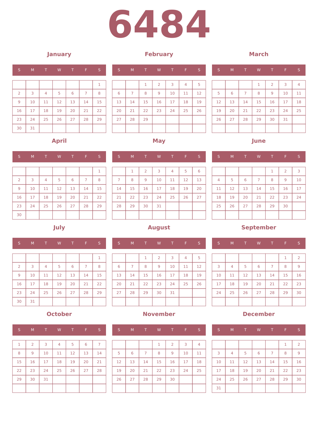 Printable 6484 Year Calendars puce