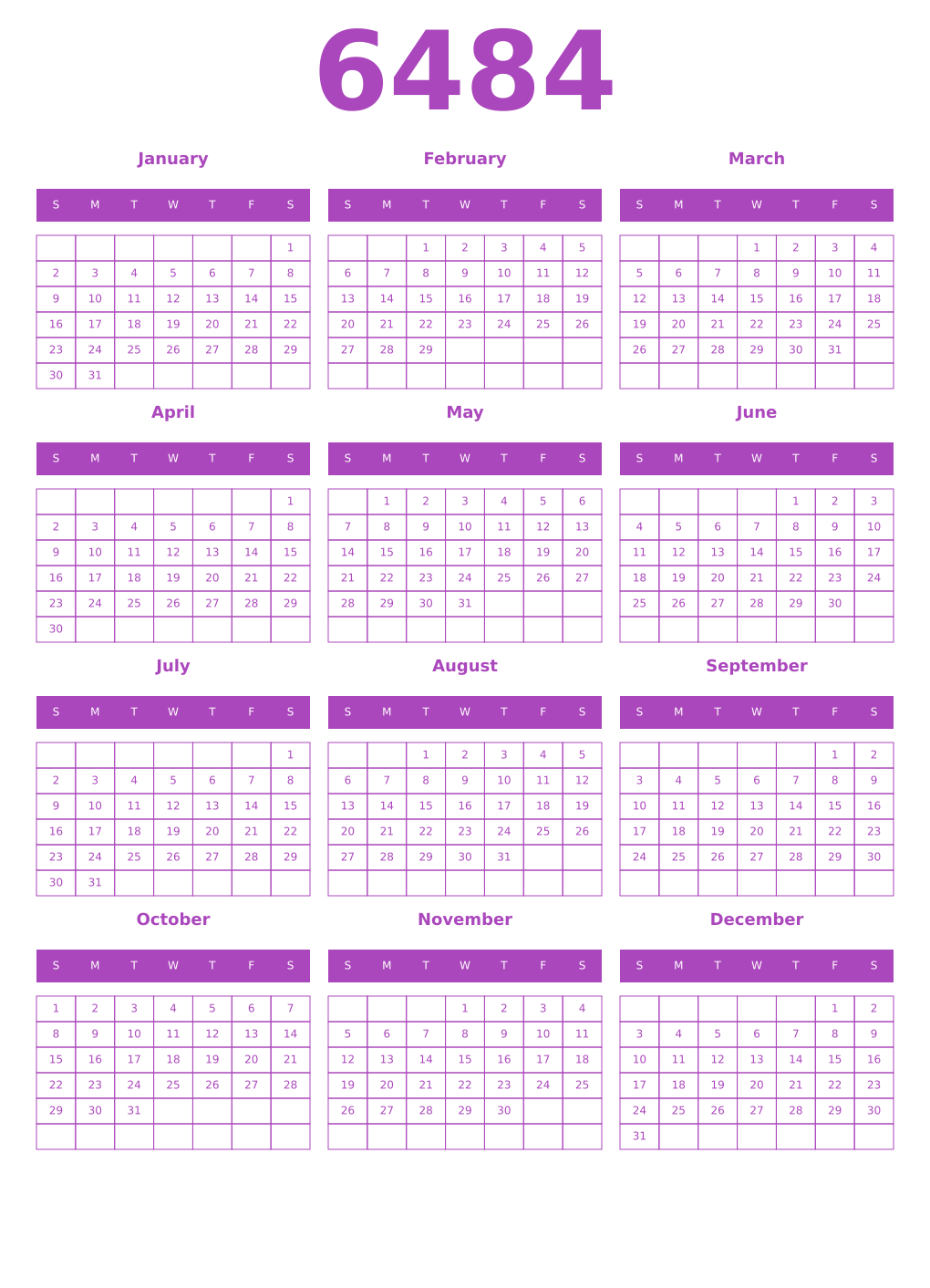 Printable 6484 Year Calendars purple