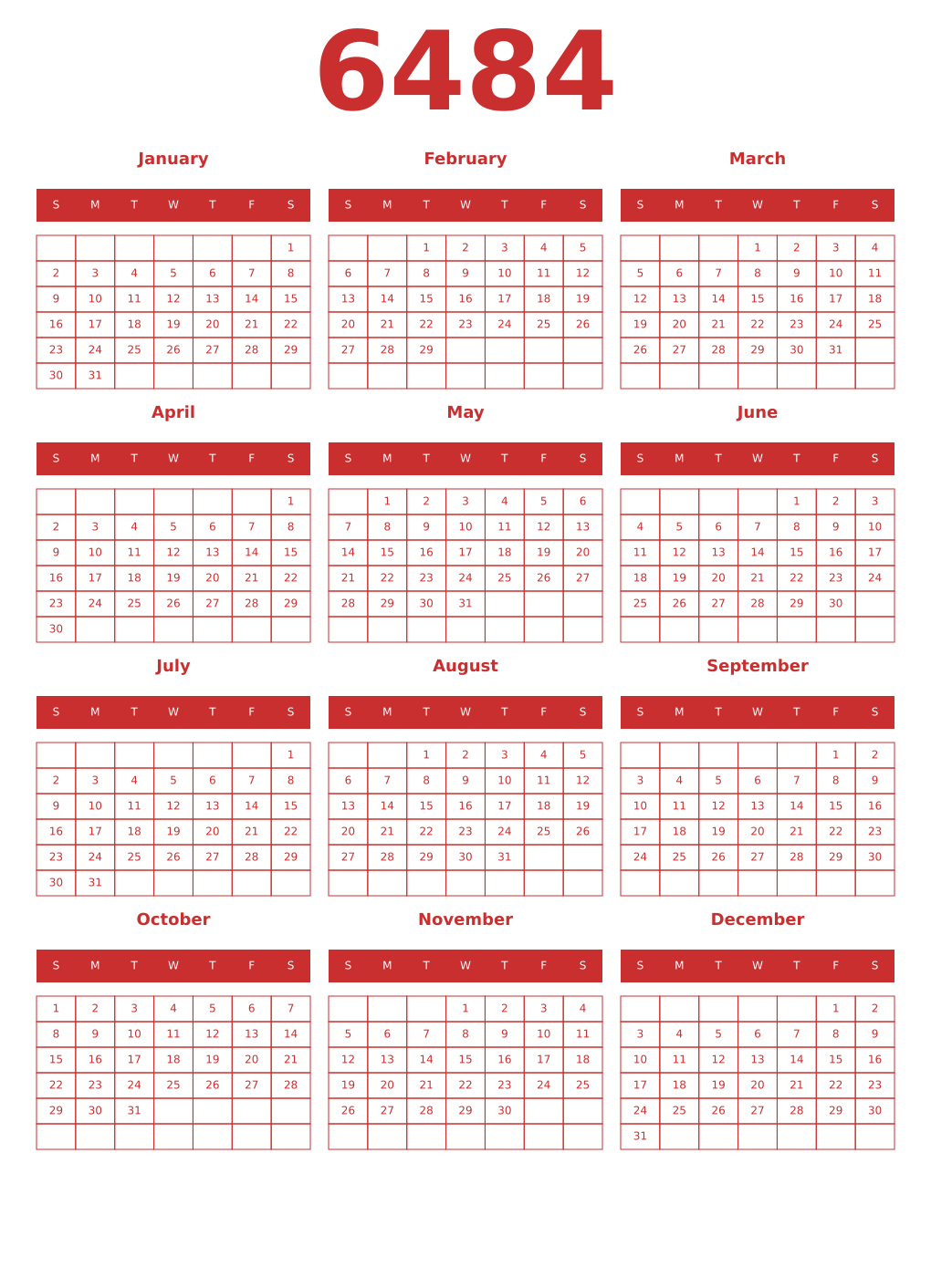 Printable 6484 Year Calendars red