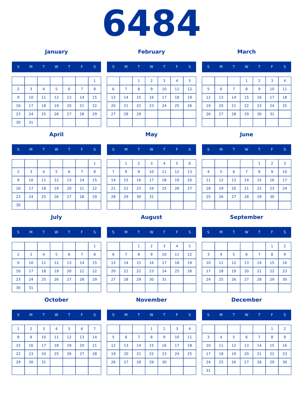 Printable 6484 Year Calendars smalt