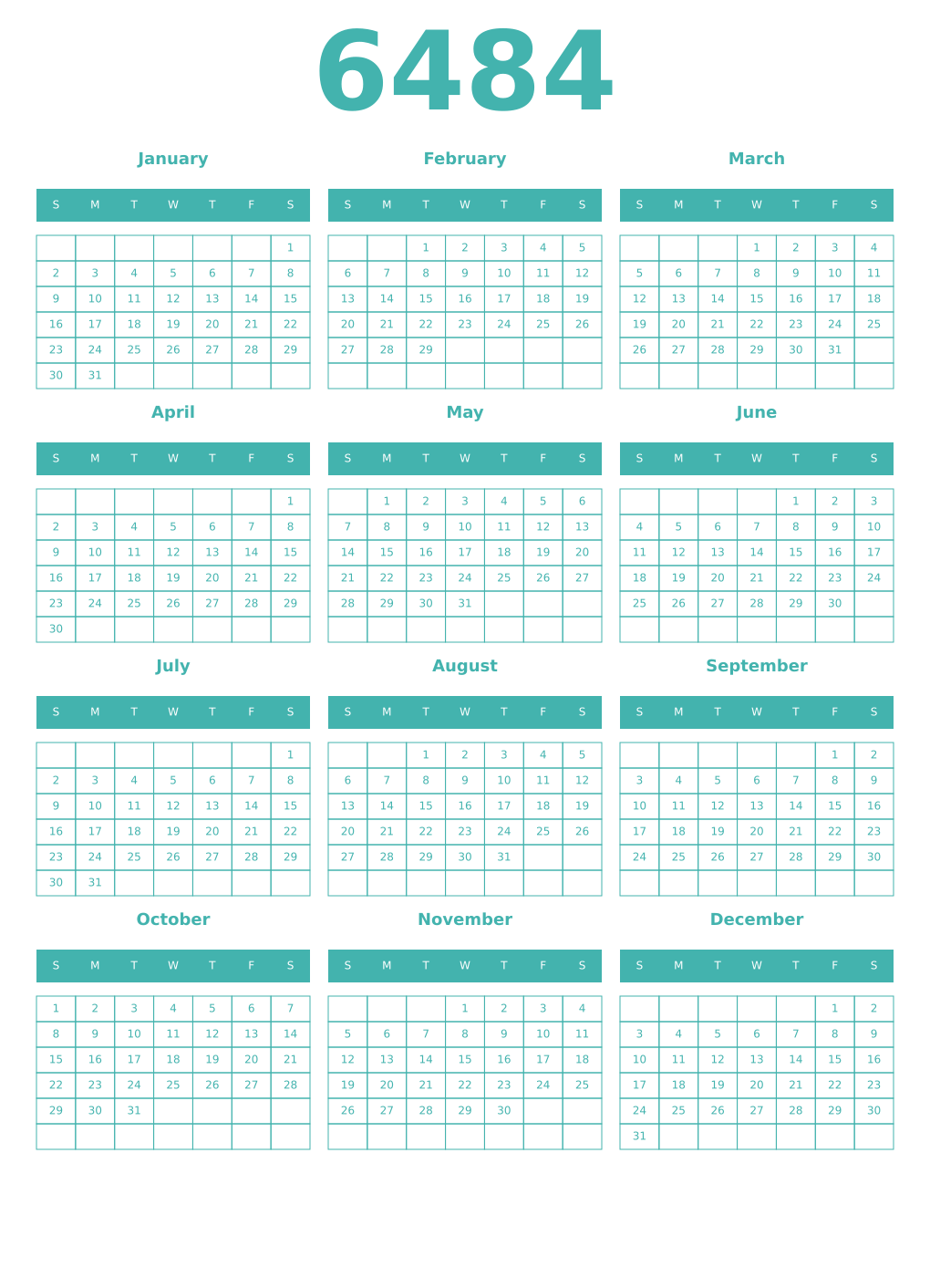 Printable 6484 Year Calendars verdigris
