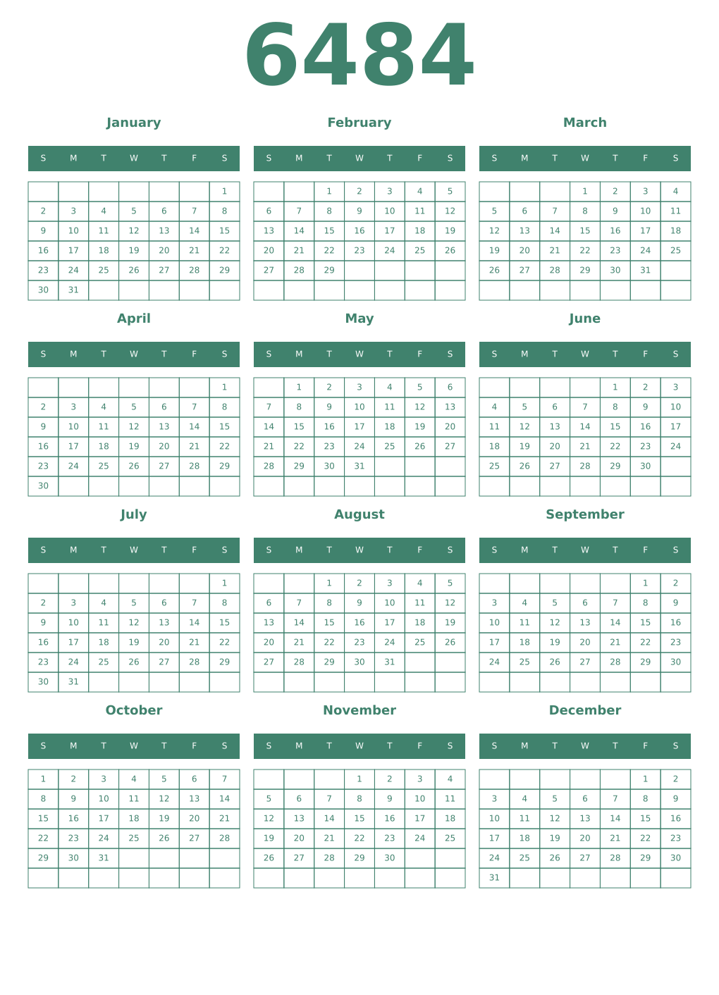 Printable 6484 Year Calendars viridian