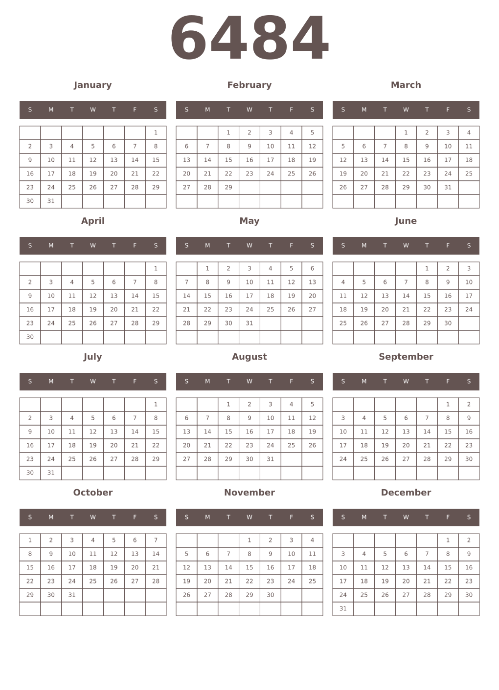 Printable 6484 Year Calendars wenge