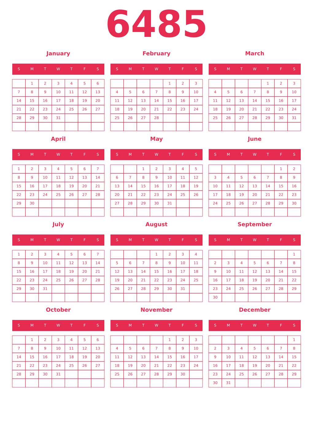 Printable 6485 Year Calendars amaranth