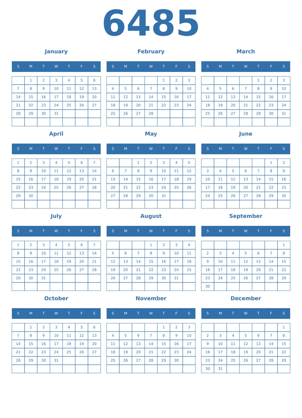 Printable 6485 Year Calendars blue