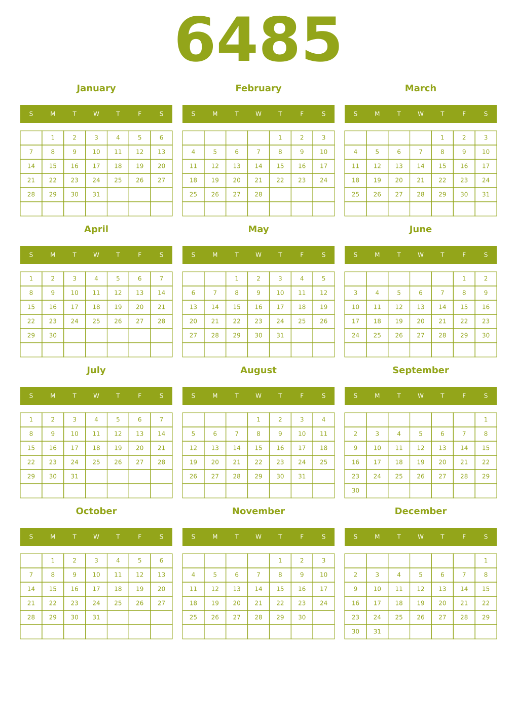 Printable 6485 Year Calendars chartreuse