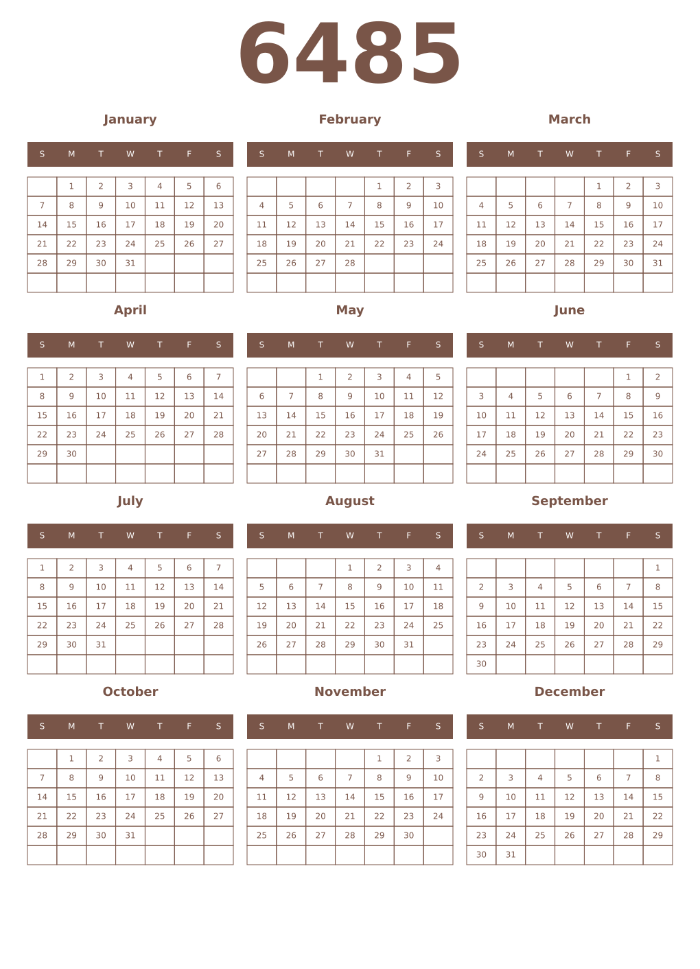 Printable 6485 Year Calendars coffe