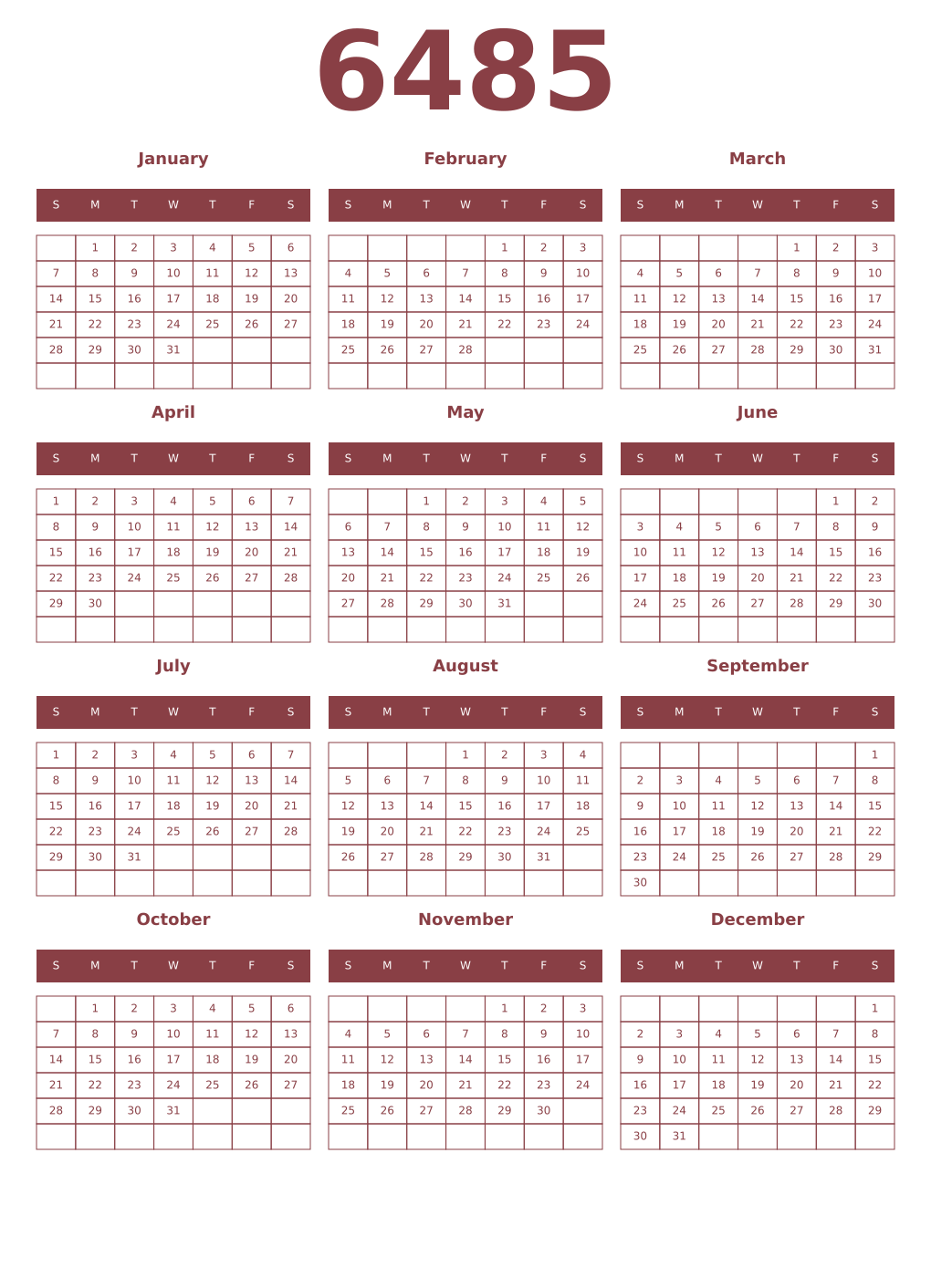 Printable 6485 Year Calendars cordovan