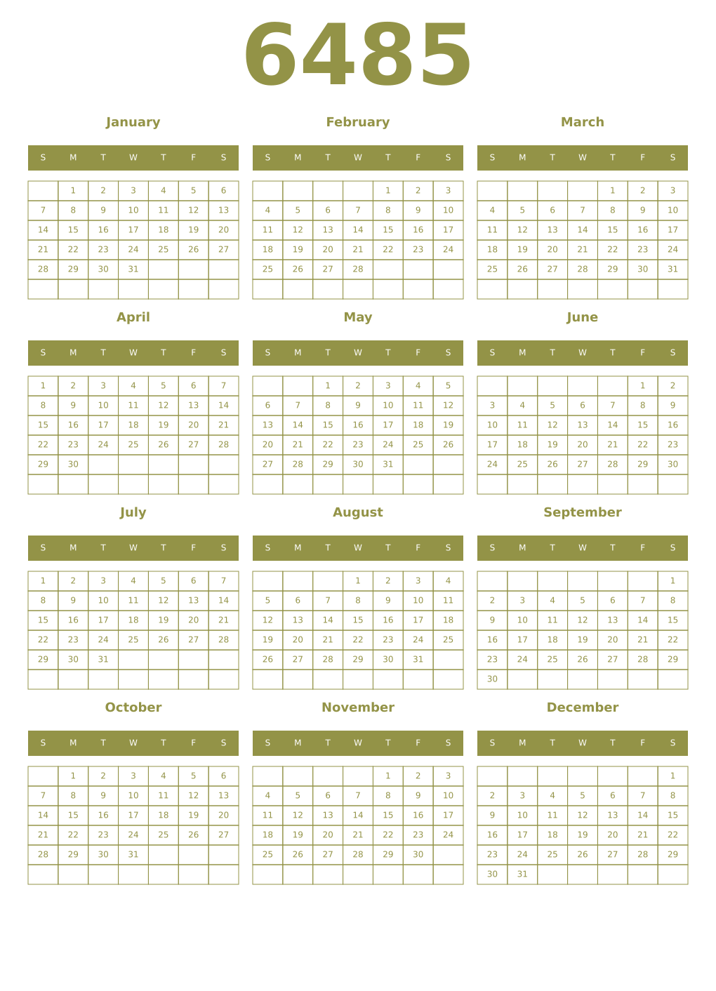 Printable 6485 Year Calendars eburnean