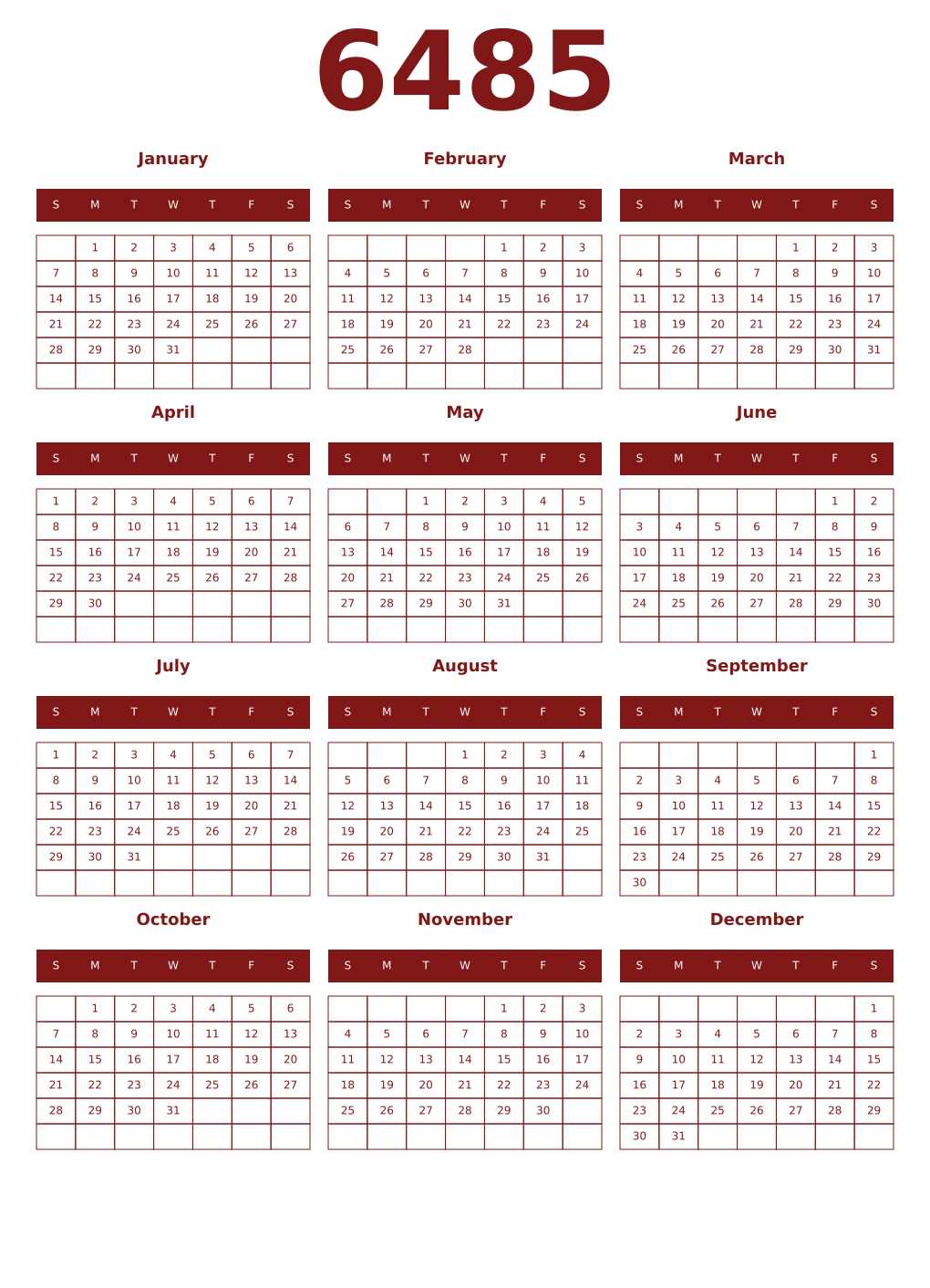 Printable 6485 Year Calendars falu