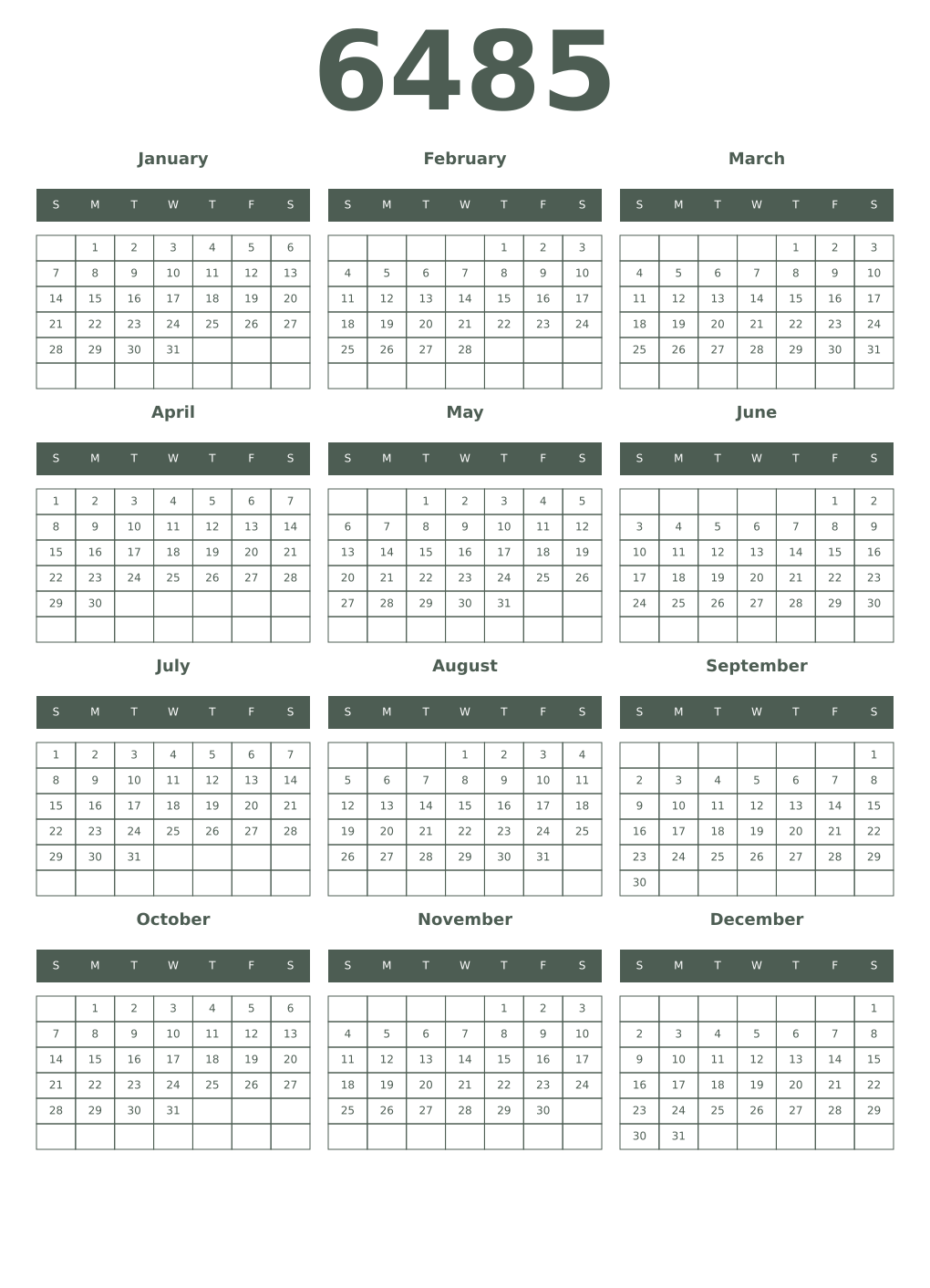 Printable 6485 Year Calendars feldgrau