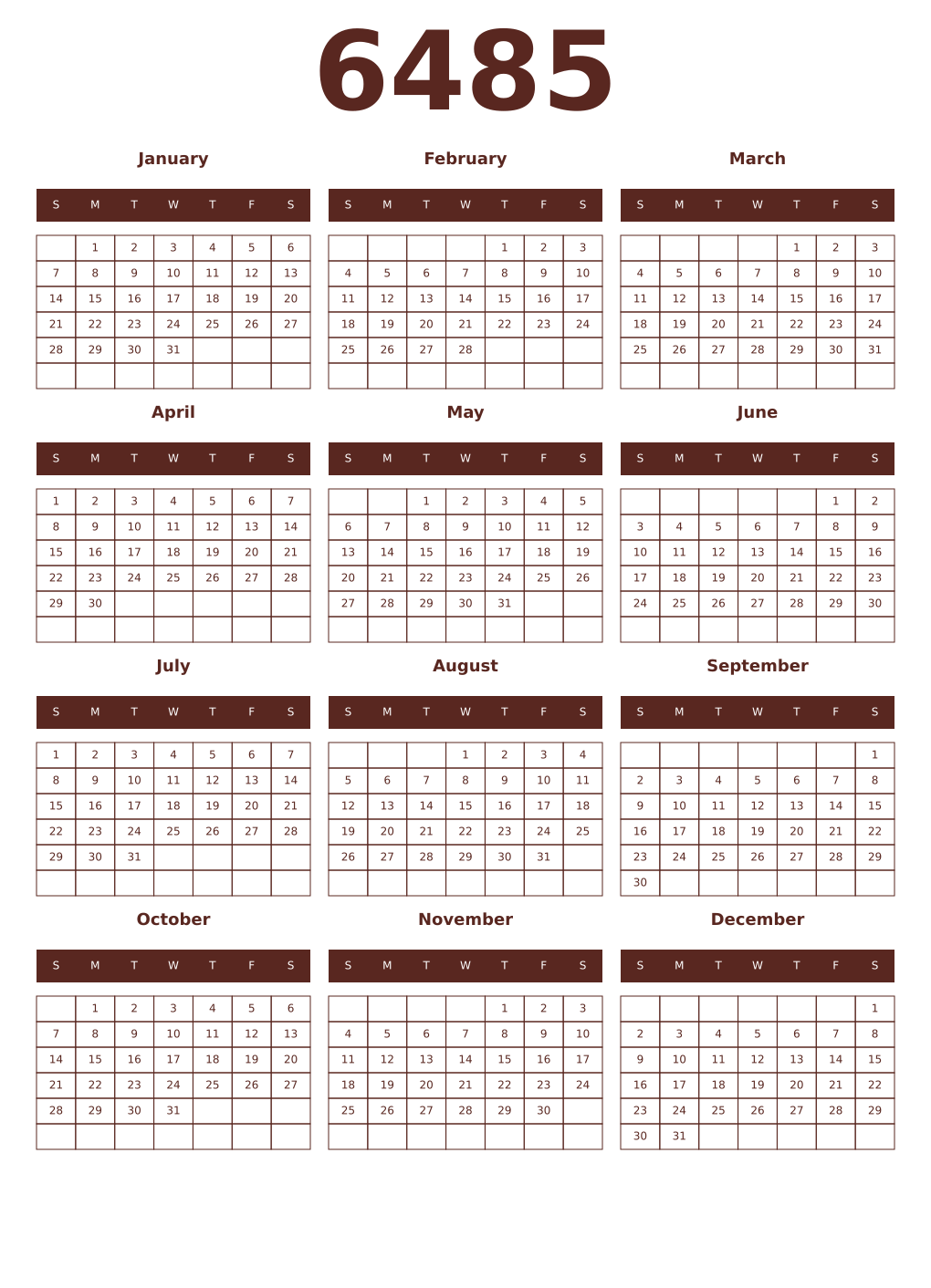Printable 6485 Year Calendars mortuum