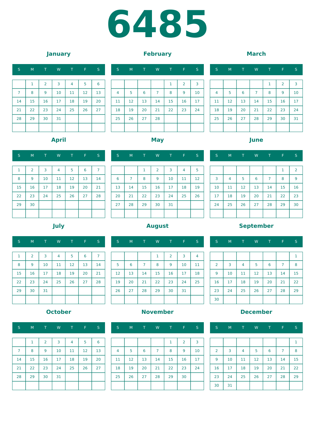 Printable 6485 Year Calendars pastel