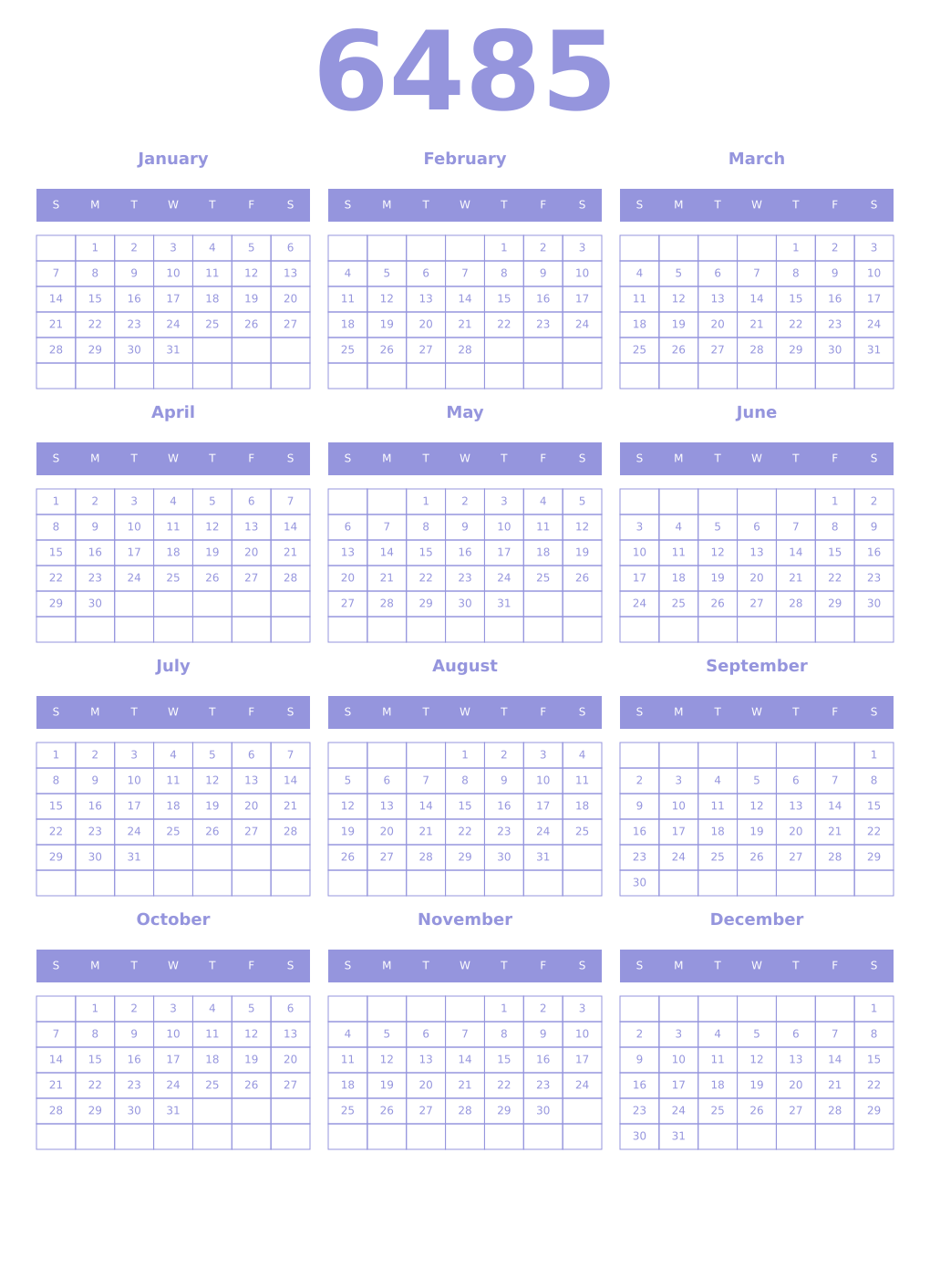 Printable 6485 Year Calendars periwinkle