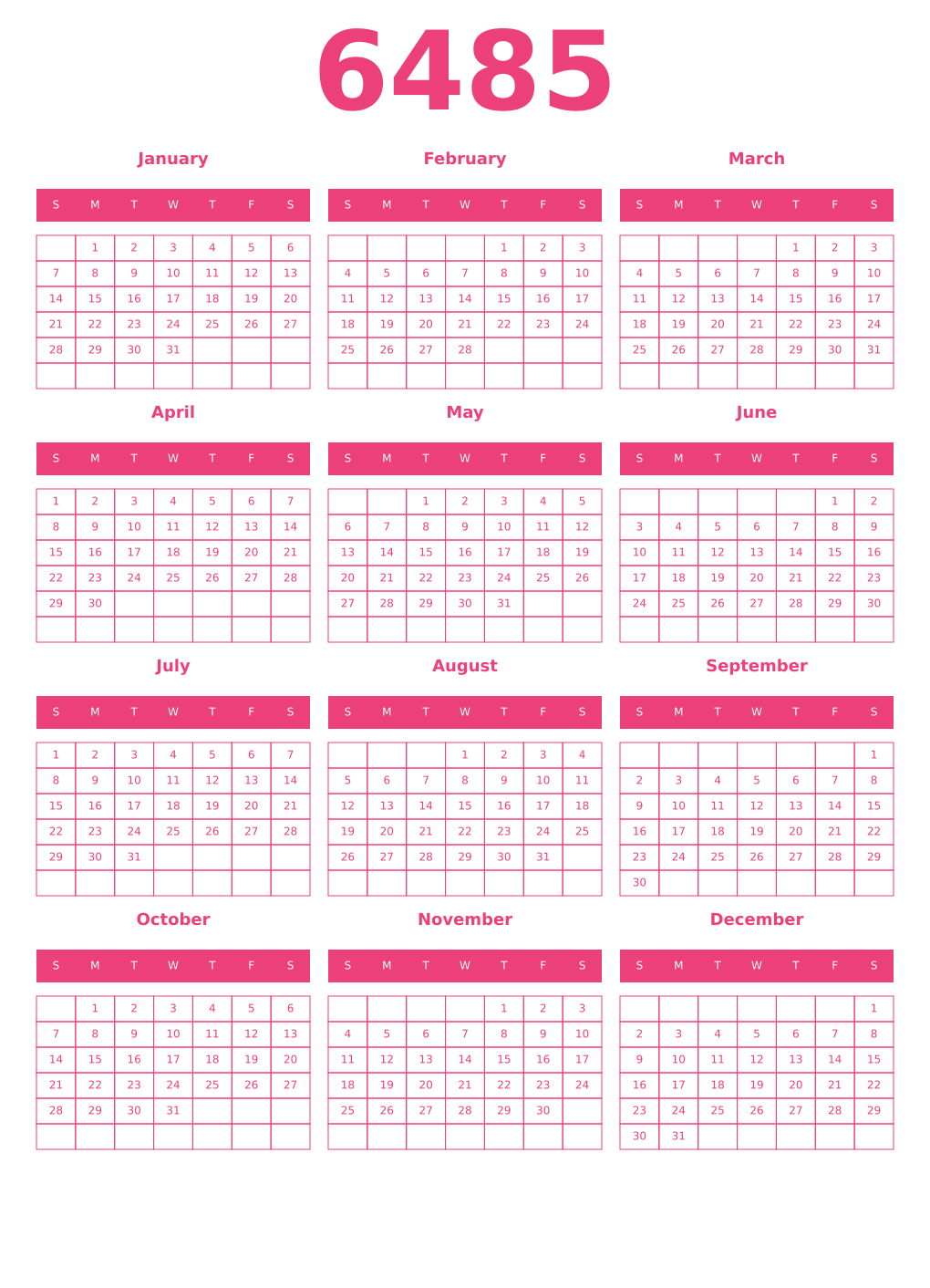Printable 6485 Year Calendars pink