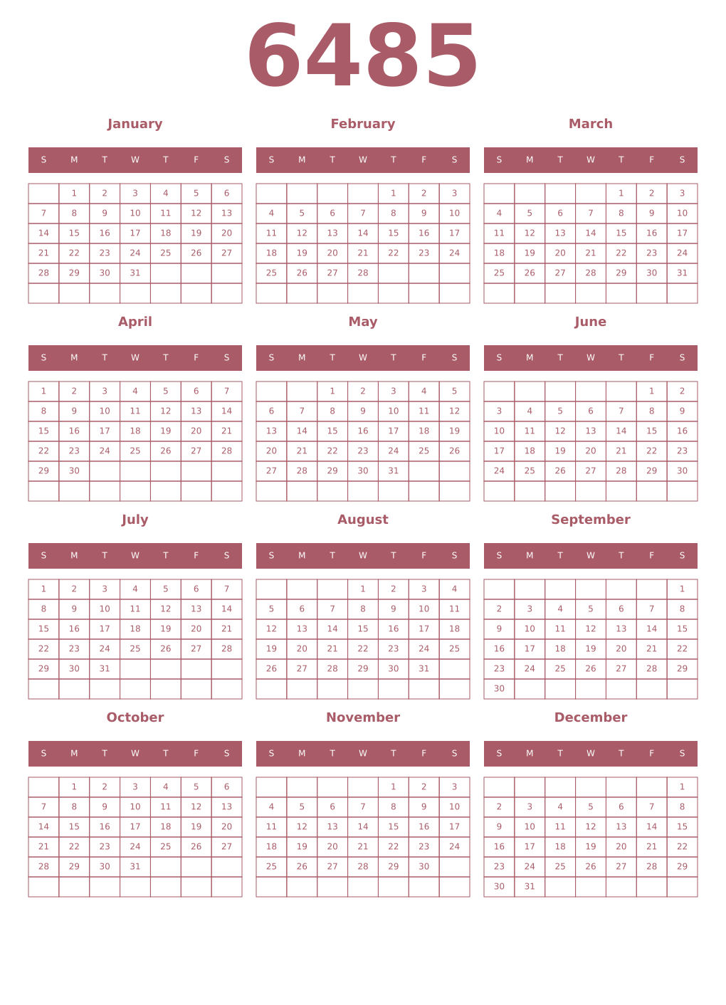 Printable 6485 Year Calendars puce