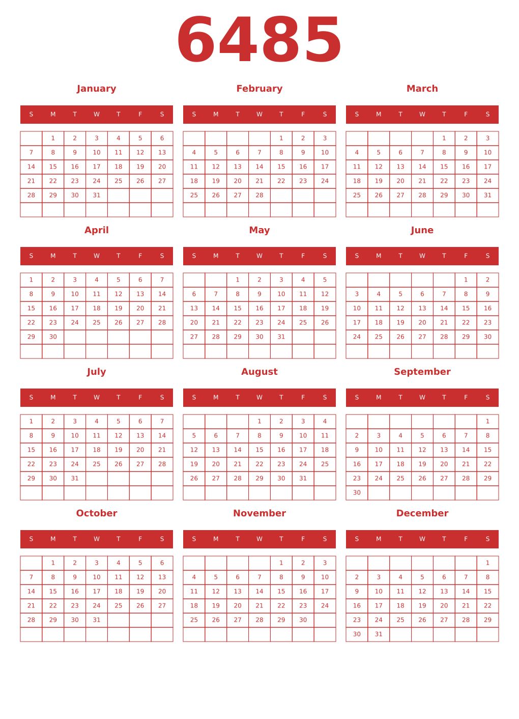 Printable 6485 Year Calendars red