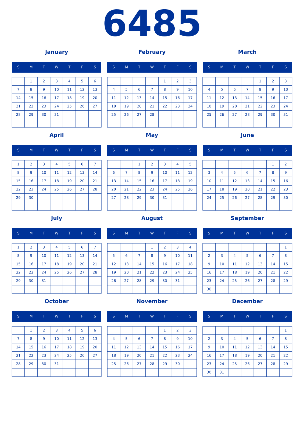 Printable 6485 Year Calendars smalt