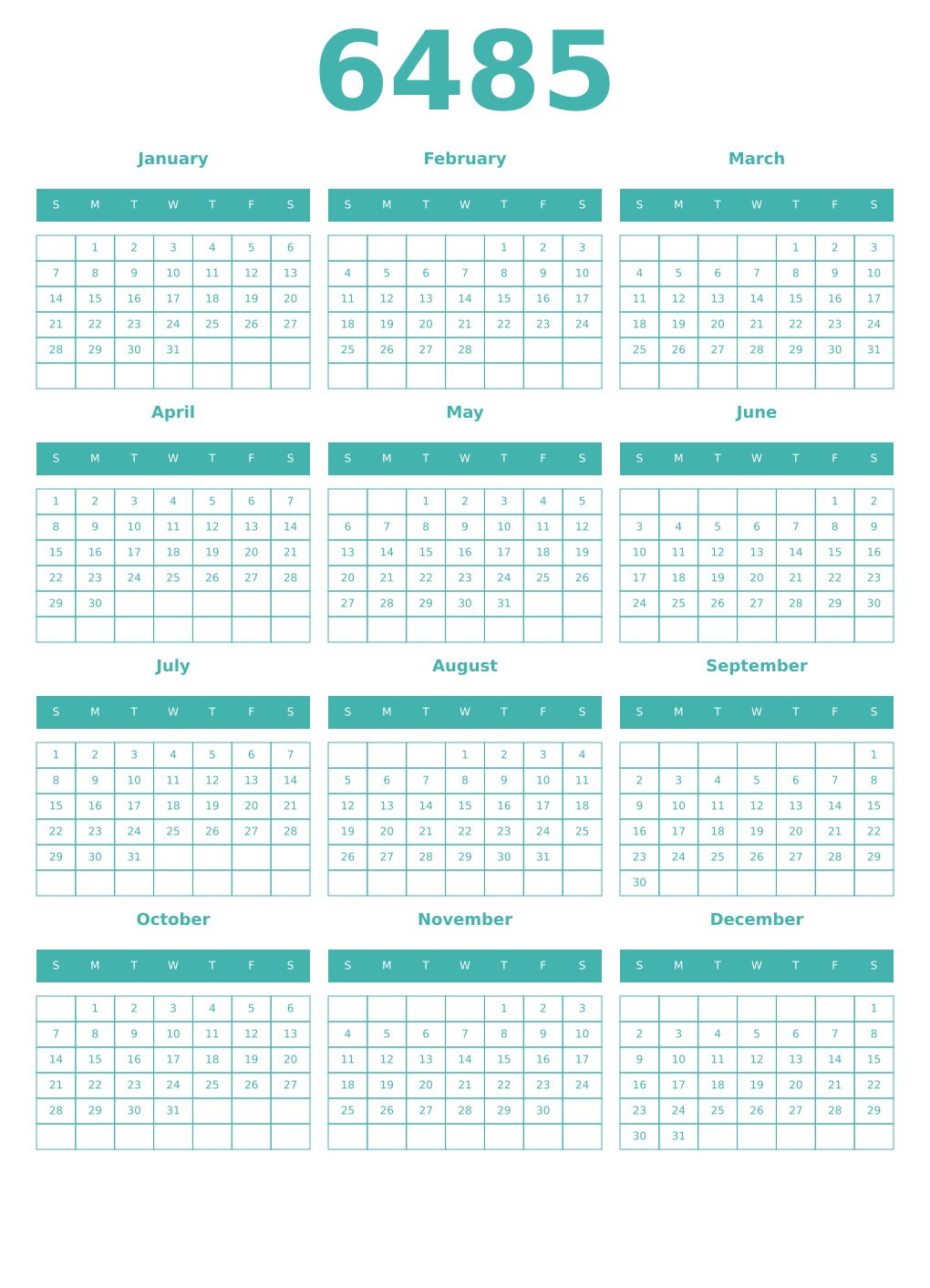 Printable 6485 Year Calendars verdigris