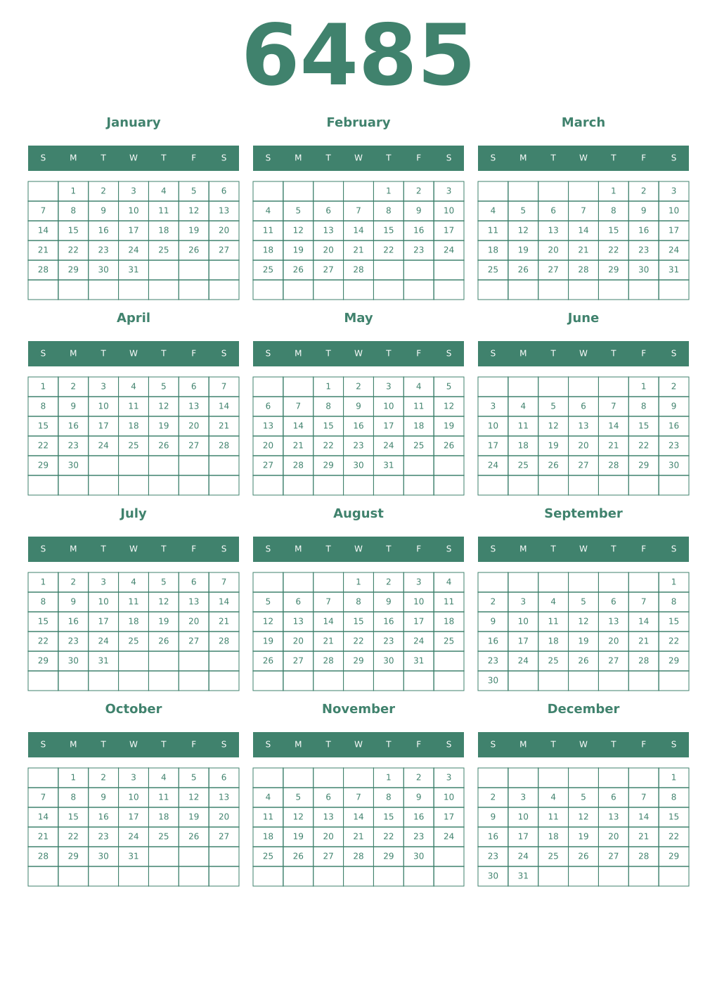 Printable 6485 Year Calendars viridian