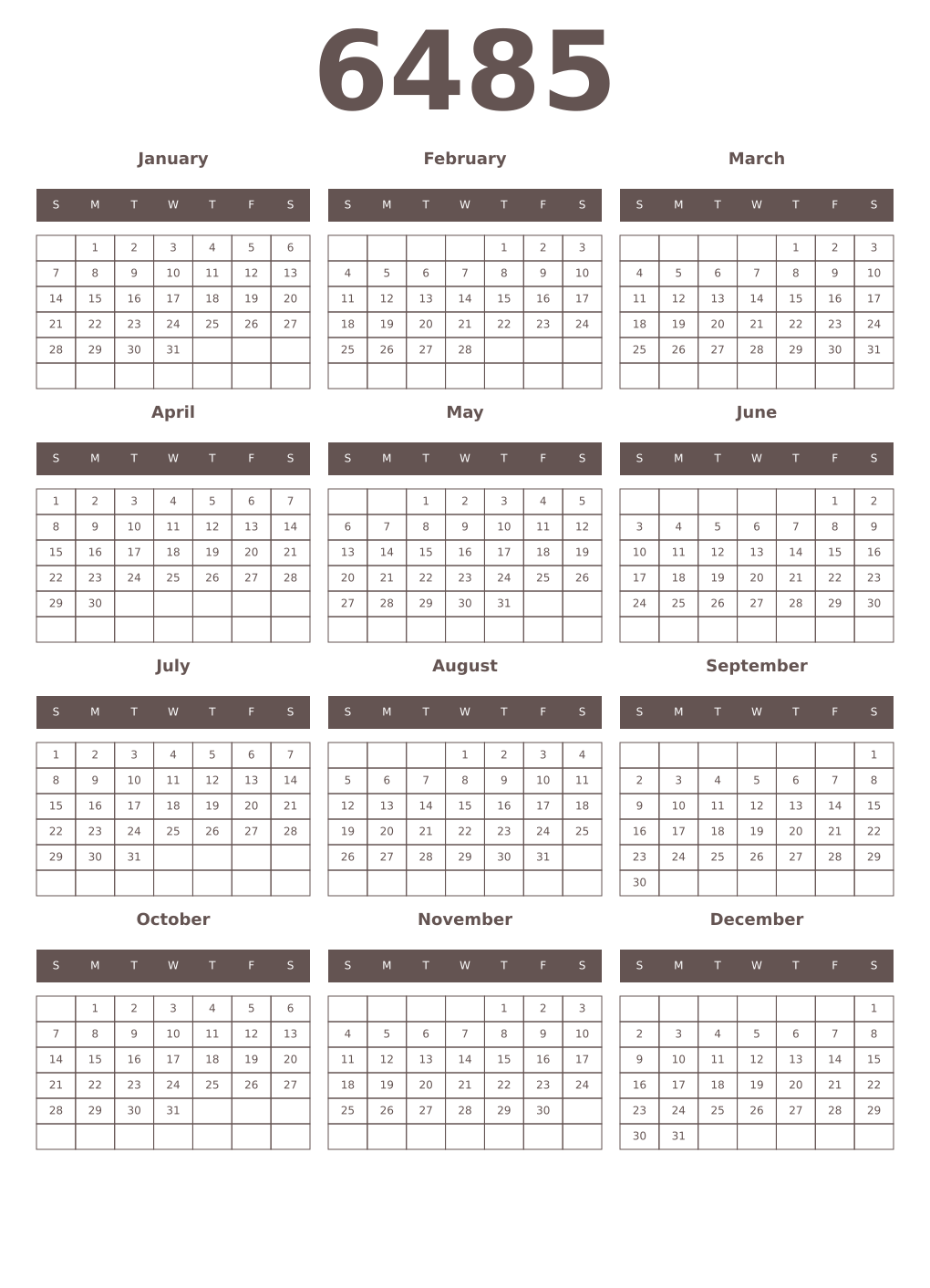 Printable 6485 Year Calendars wenge