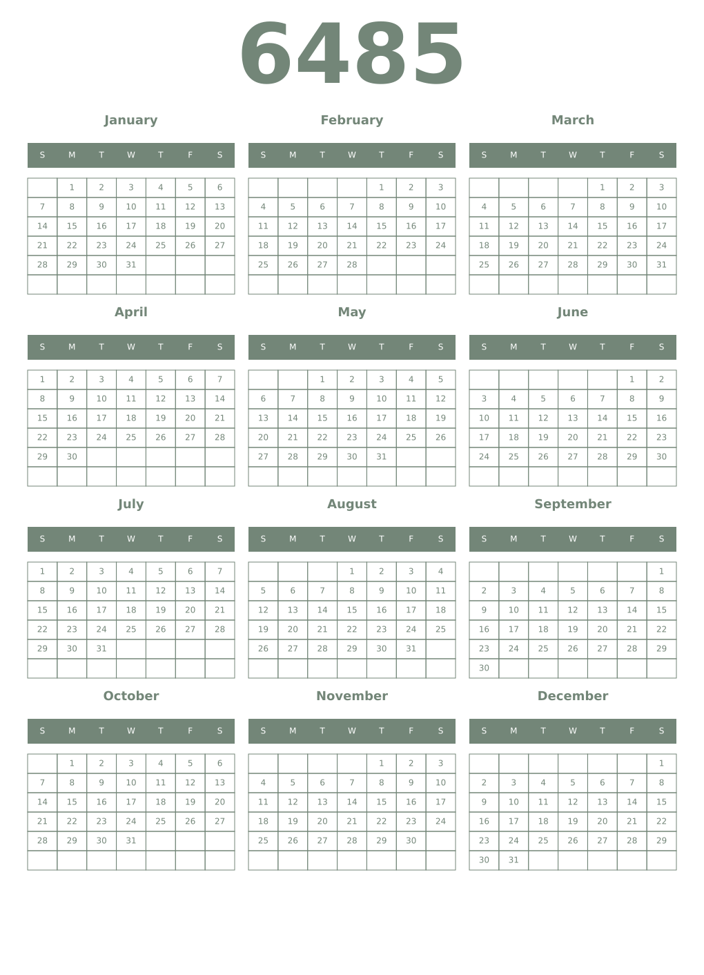 Printable 6485 Year Calendars xanadu