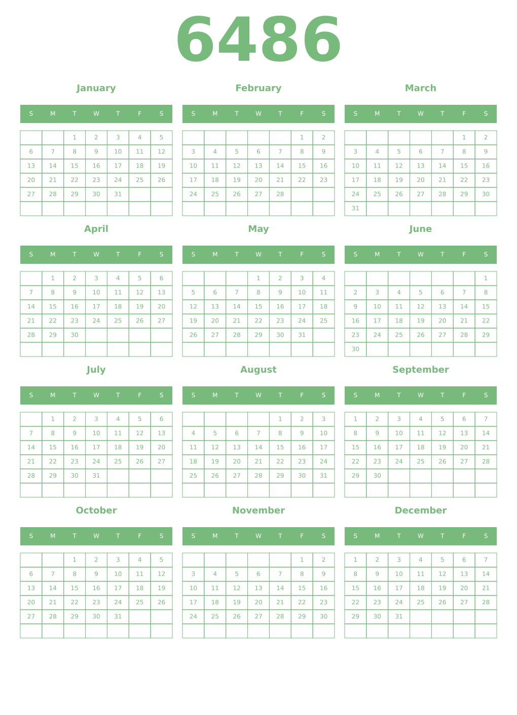 Printable 6486 Year Calendars celadon