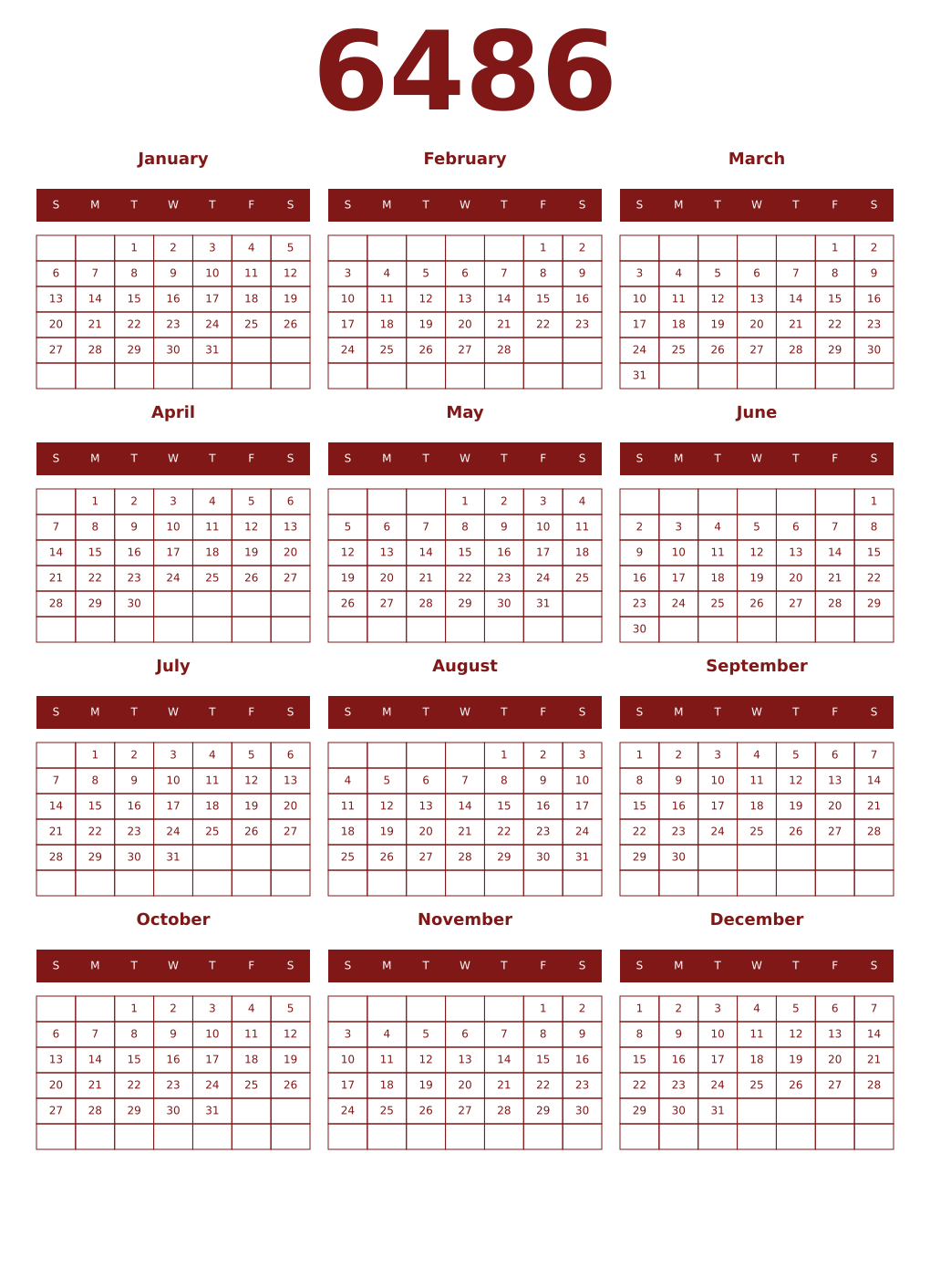 Printable 6486 Year Calendars falu